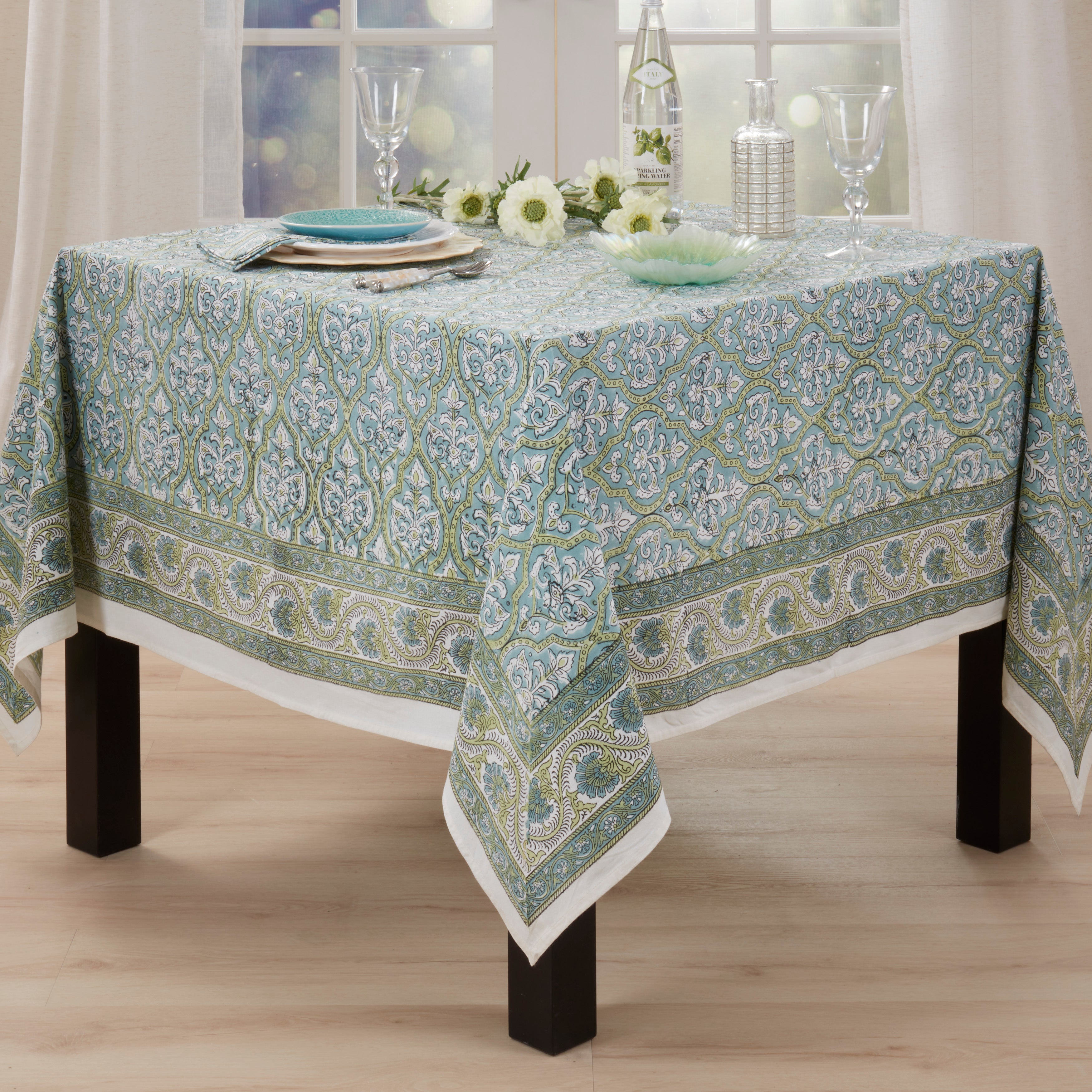 Ornate Floral Border Cotton Tablecloth with Traditional Motif & Decorative Edge Detail