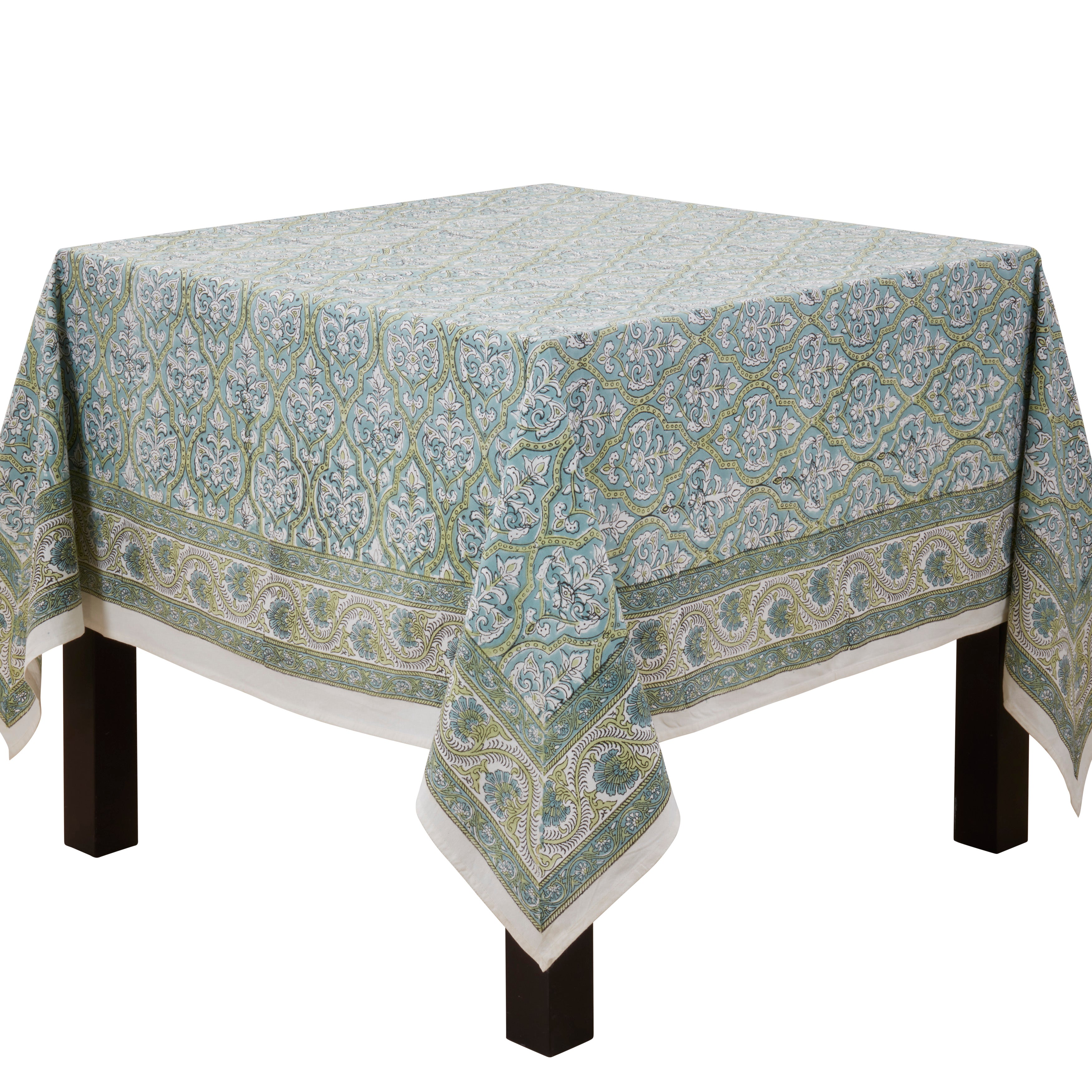 Ornate Floral Border Cotton Tablecloth with Traditional Motif & Decorative Edge Detail