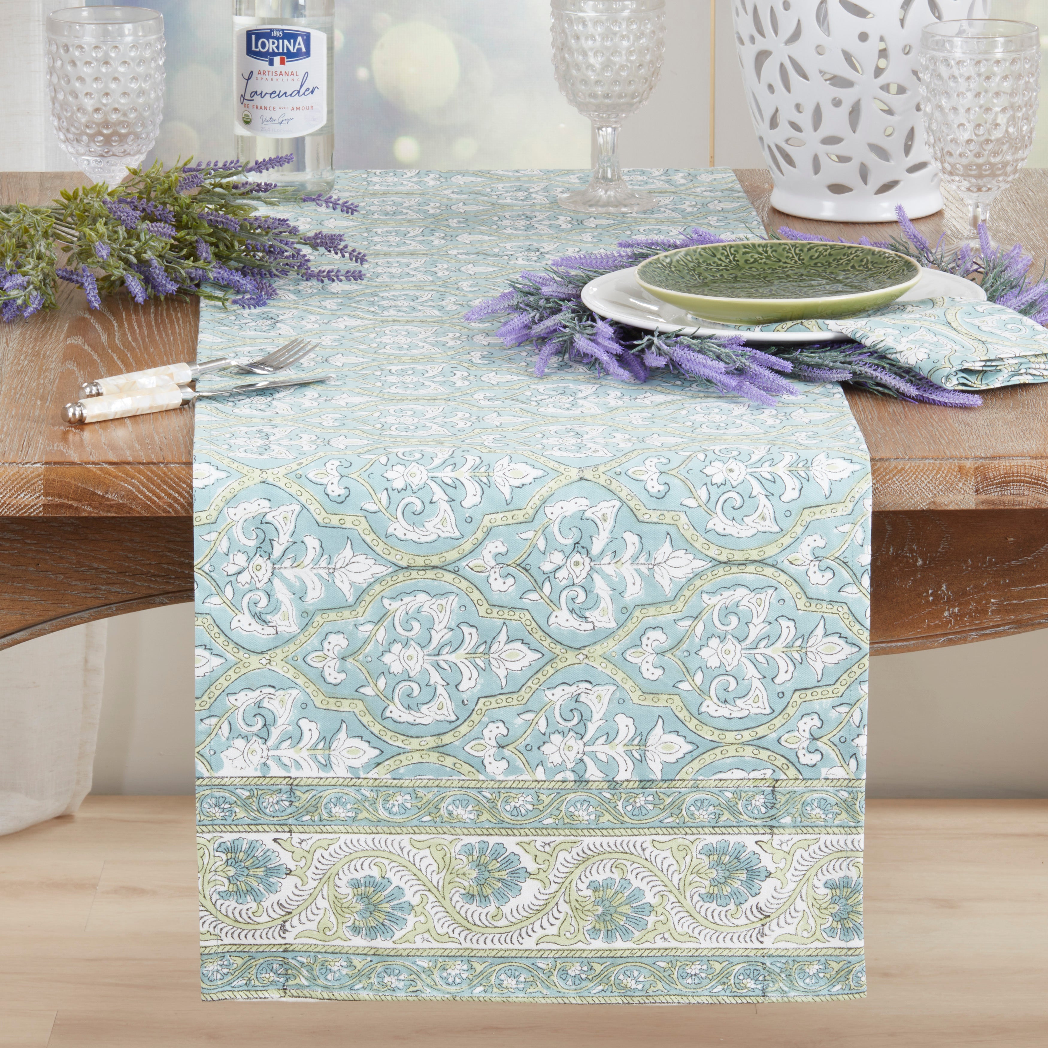 Ornate Printed Medallion Table Runner with Decorative Border