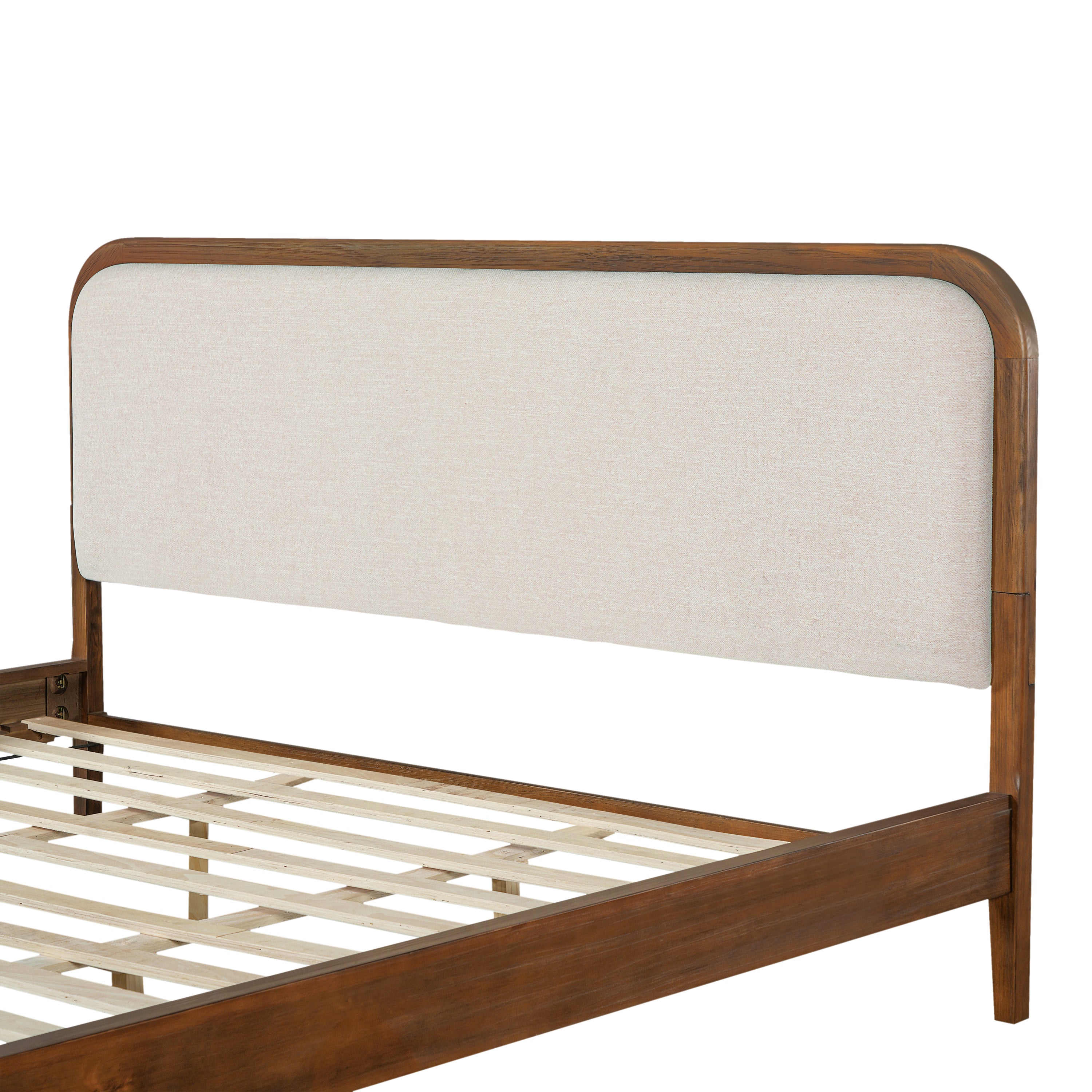 Acacia Wood Bed Frame With Beige Upholstered Headboard