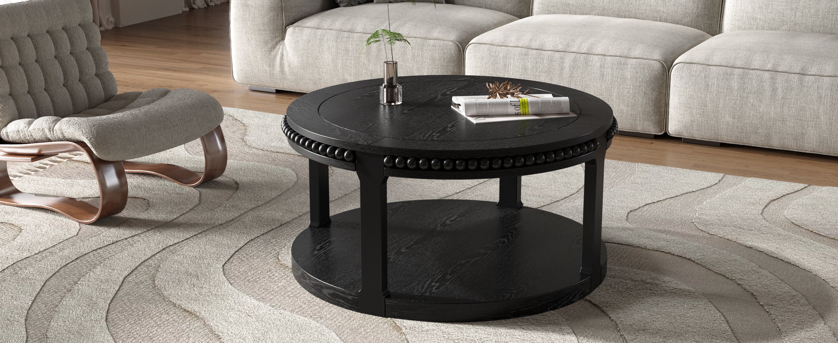 Round Solid Wood Coffee Table with Beaded Accent Edge