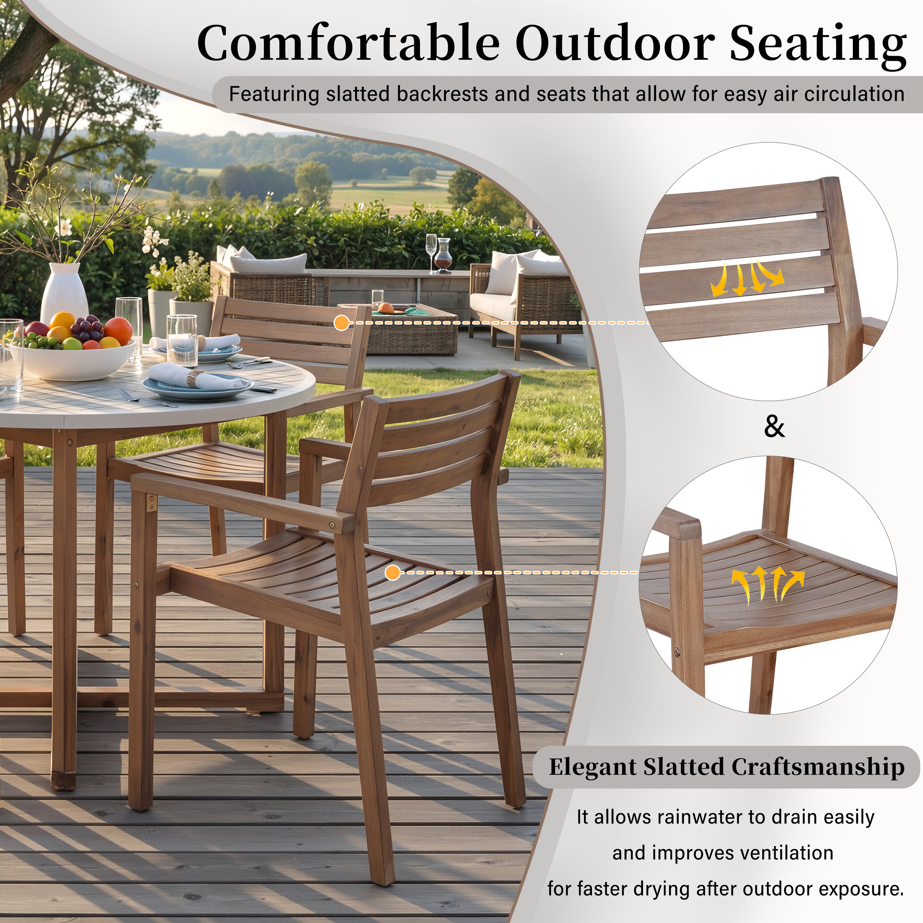 U_STYLE 5-Piece Outdoor Dining Set with 4 Acacia Wood Chairs,47.2" Round Dining Table with Slatted Design, Ideal for Patios, Gardens, Poolsides, and Lawn Areas & Indoor