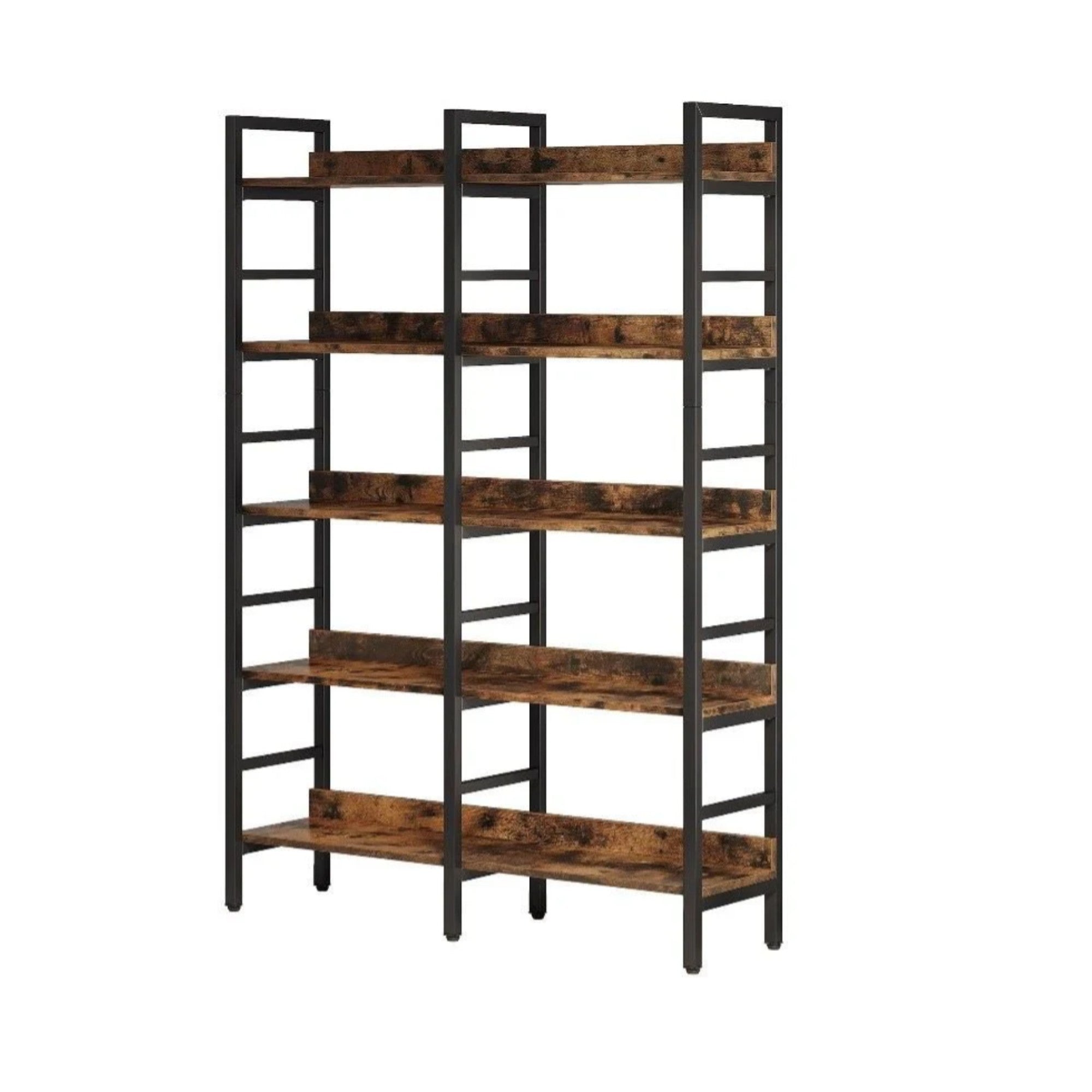 5-Tier Rustic Brown Double Wide Industrial Bookshelf with Metal Frame