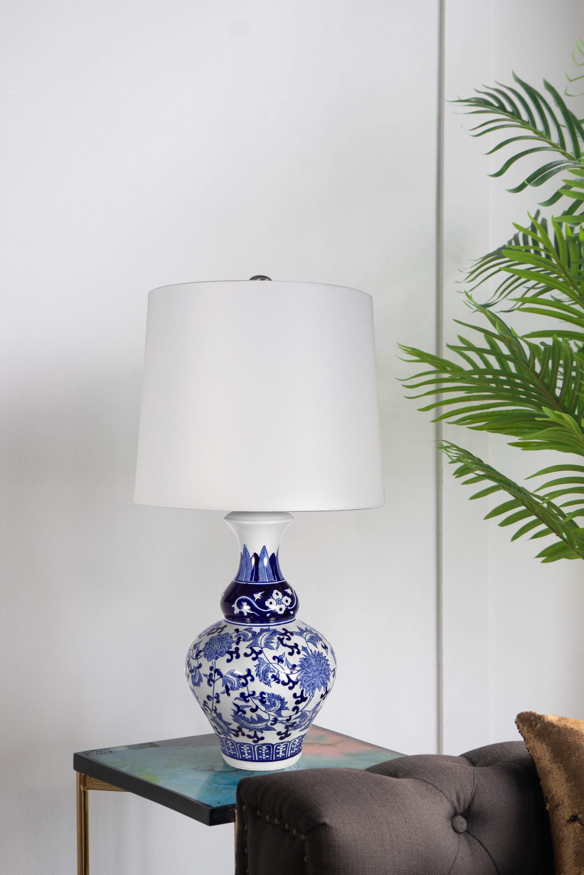 Blue and White Round Urn Ceramic Vase Lamp