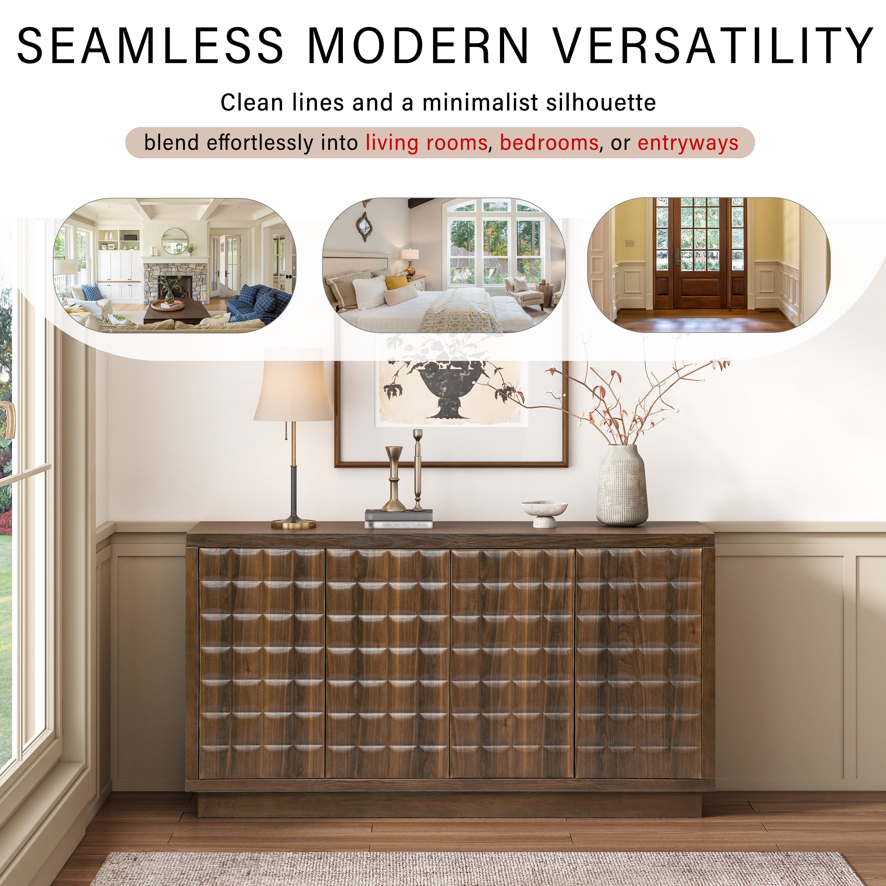 Modern 4-Door Storage Cabinet with 3D Geometric Doors & Metal Trim