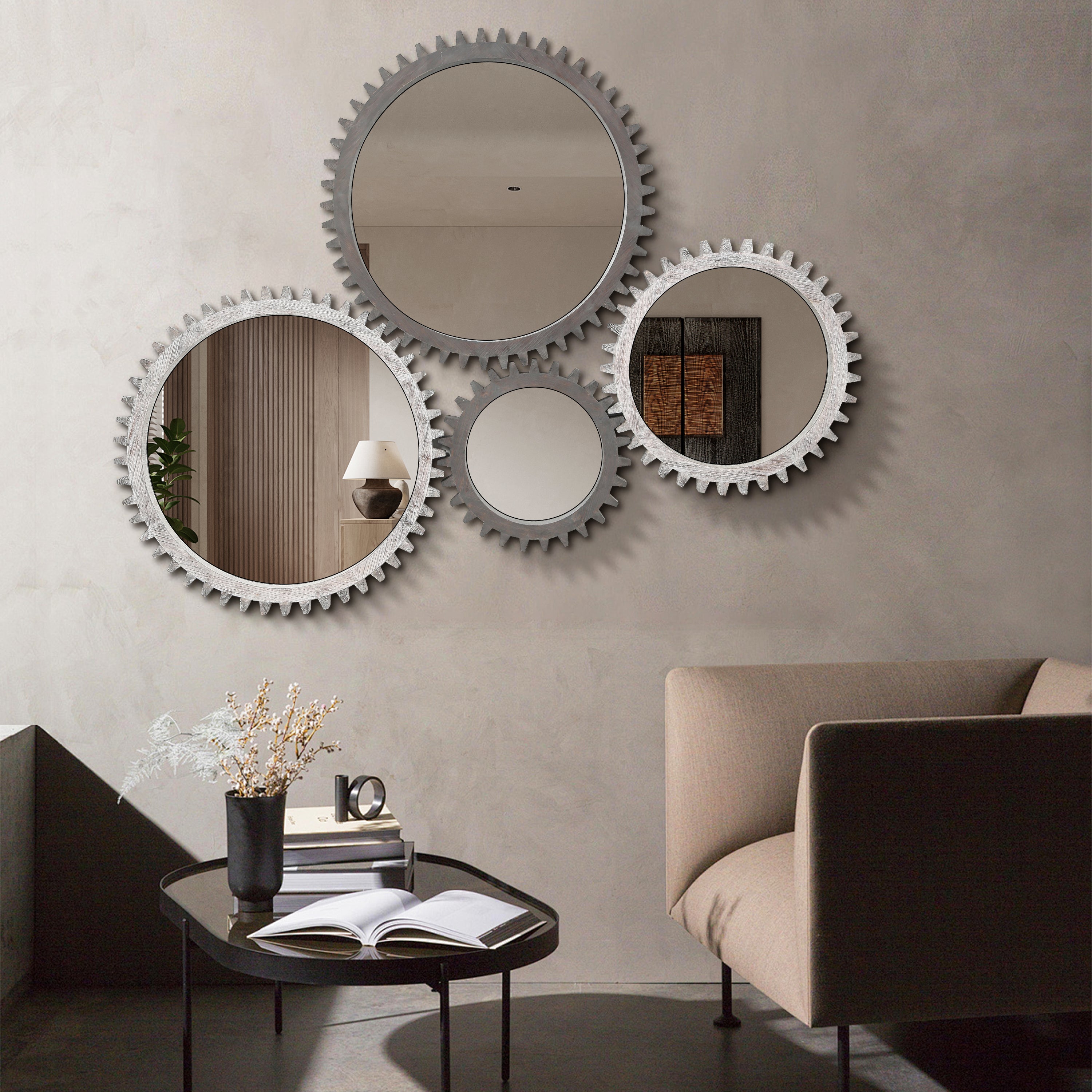 Harmonyx Wall Mirror with Gear Shape and Wood Frame