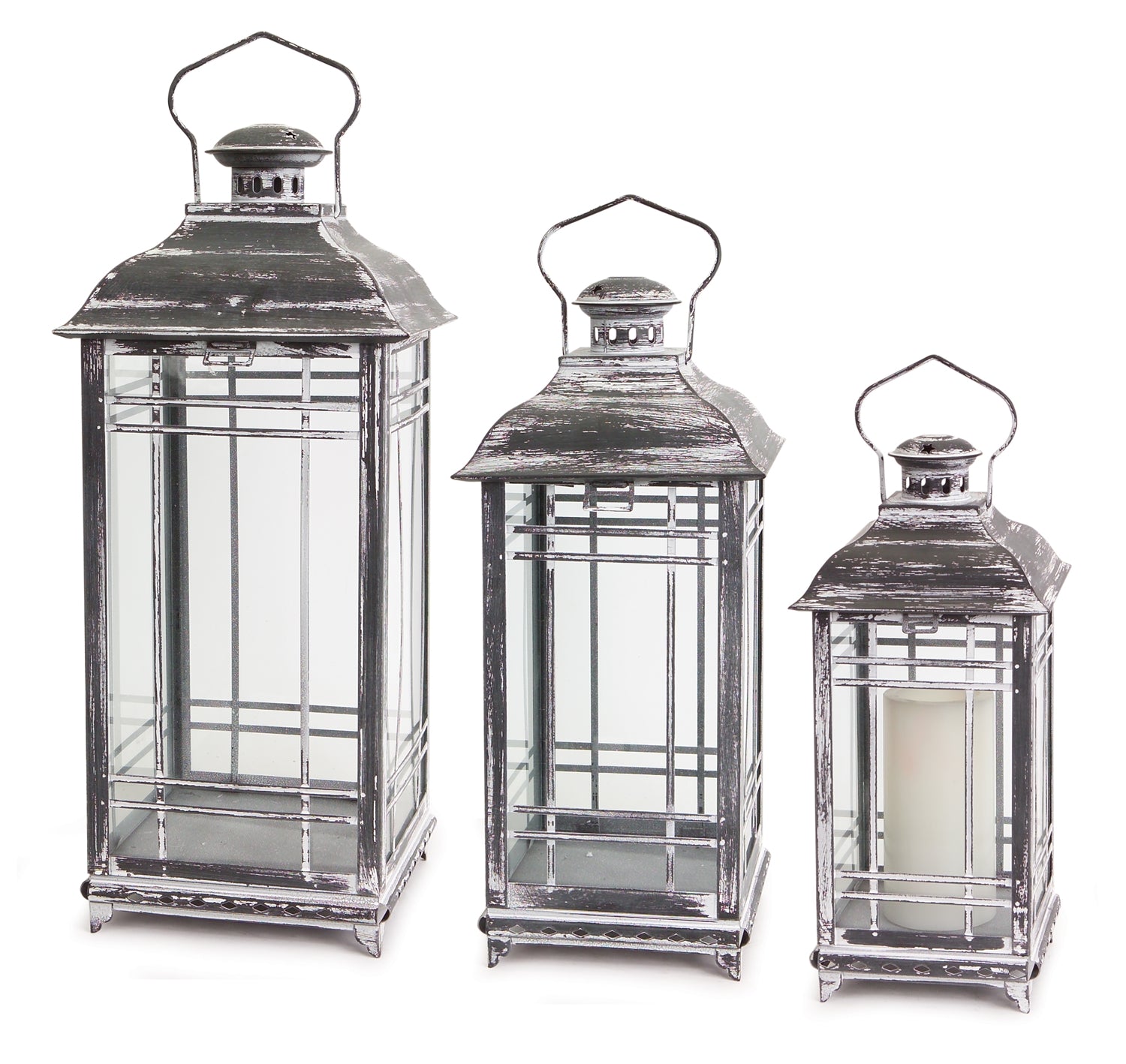 Traditional-Grey-Metal-Lantern,-Set-of-3-Lanterns