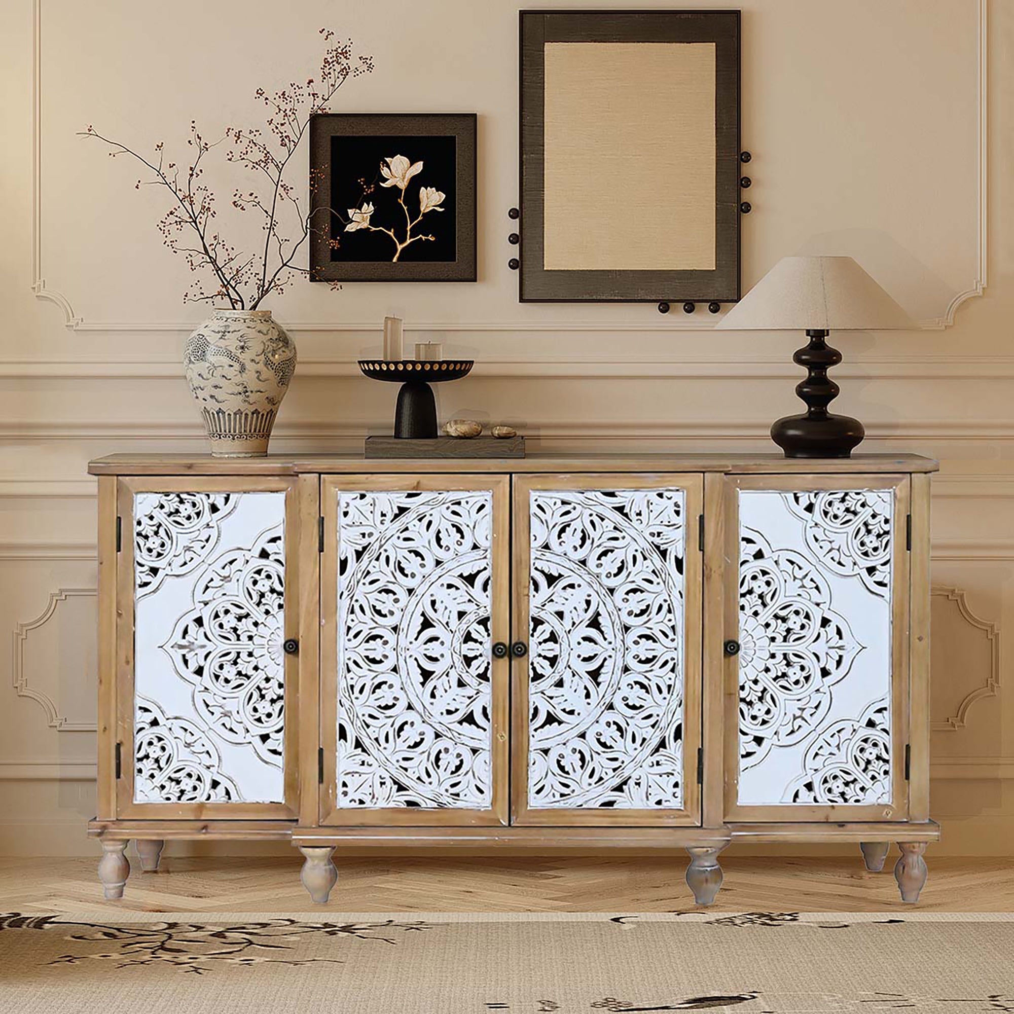 4-Door Hollow-Carved Accent Cabinet with Adjustable Shelves