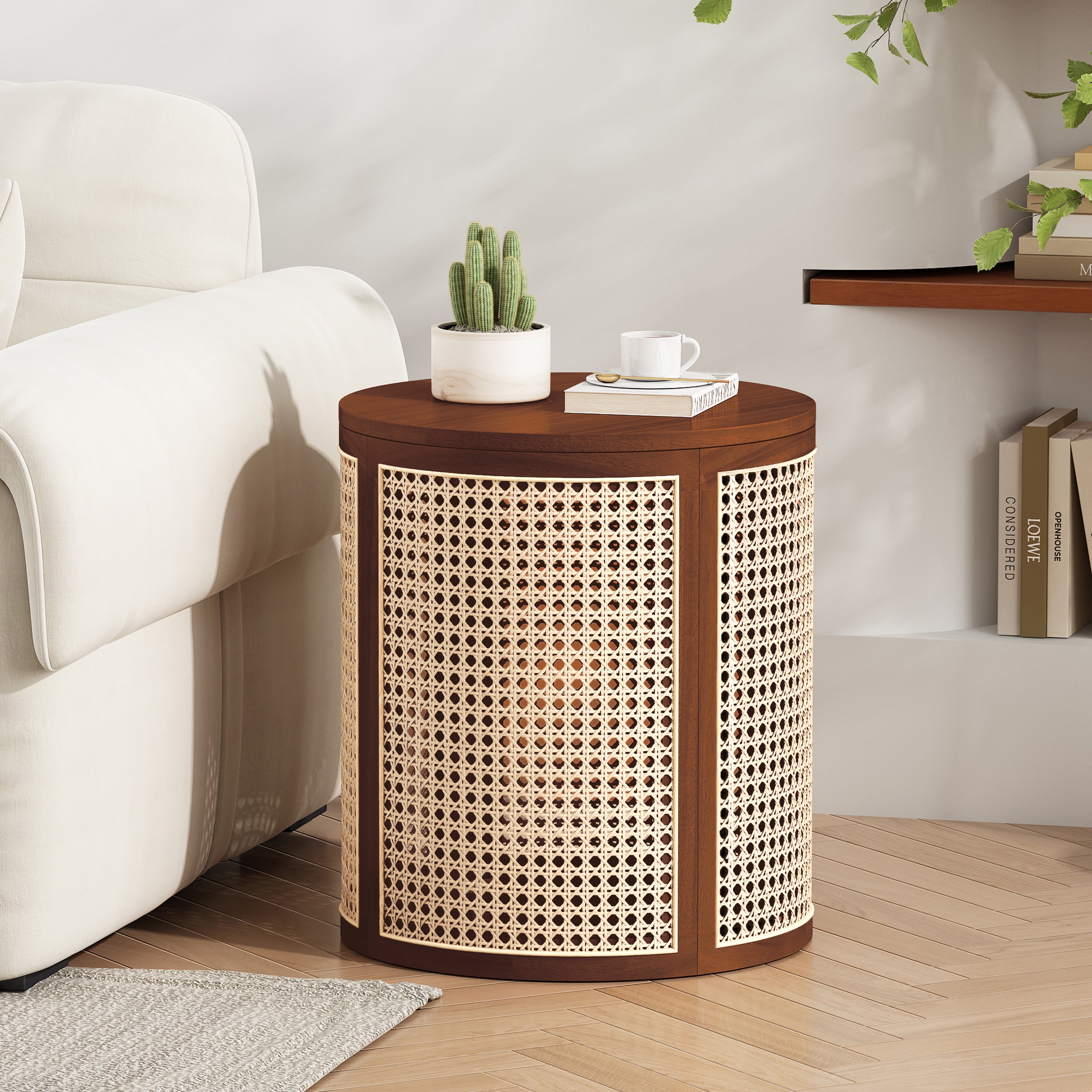 Round Rattan Pillar Storage Accent Table