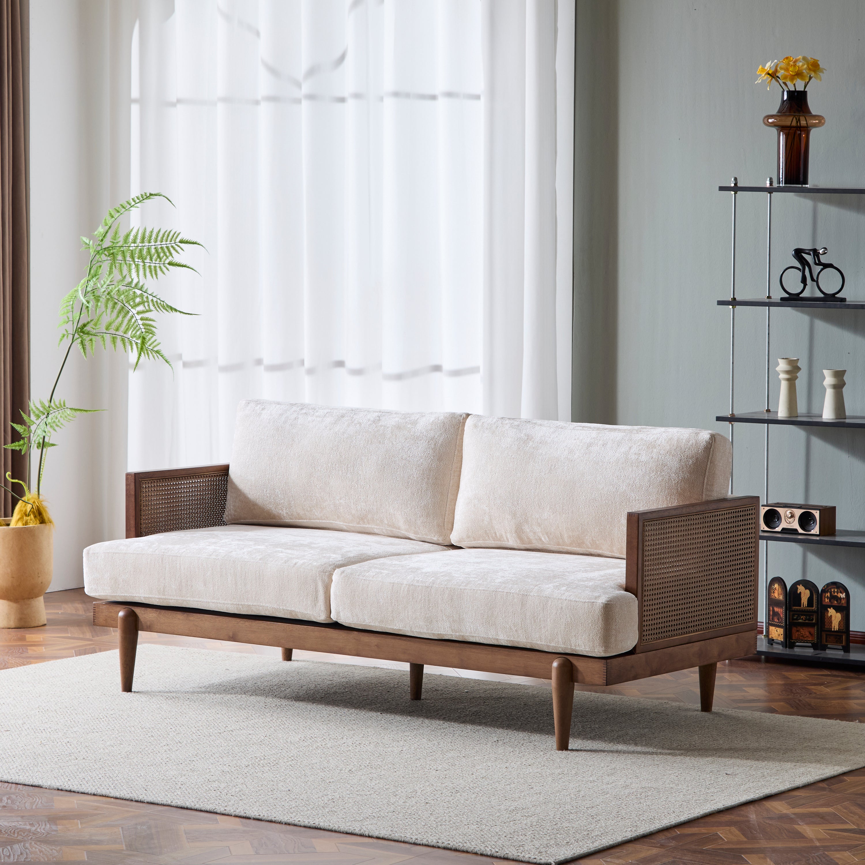 3-Seater Sofa with Cane Rattan and Wooden Frame