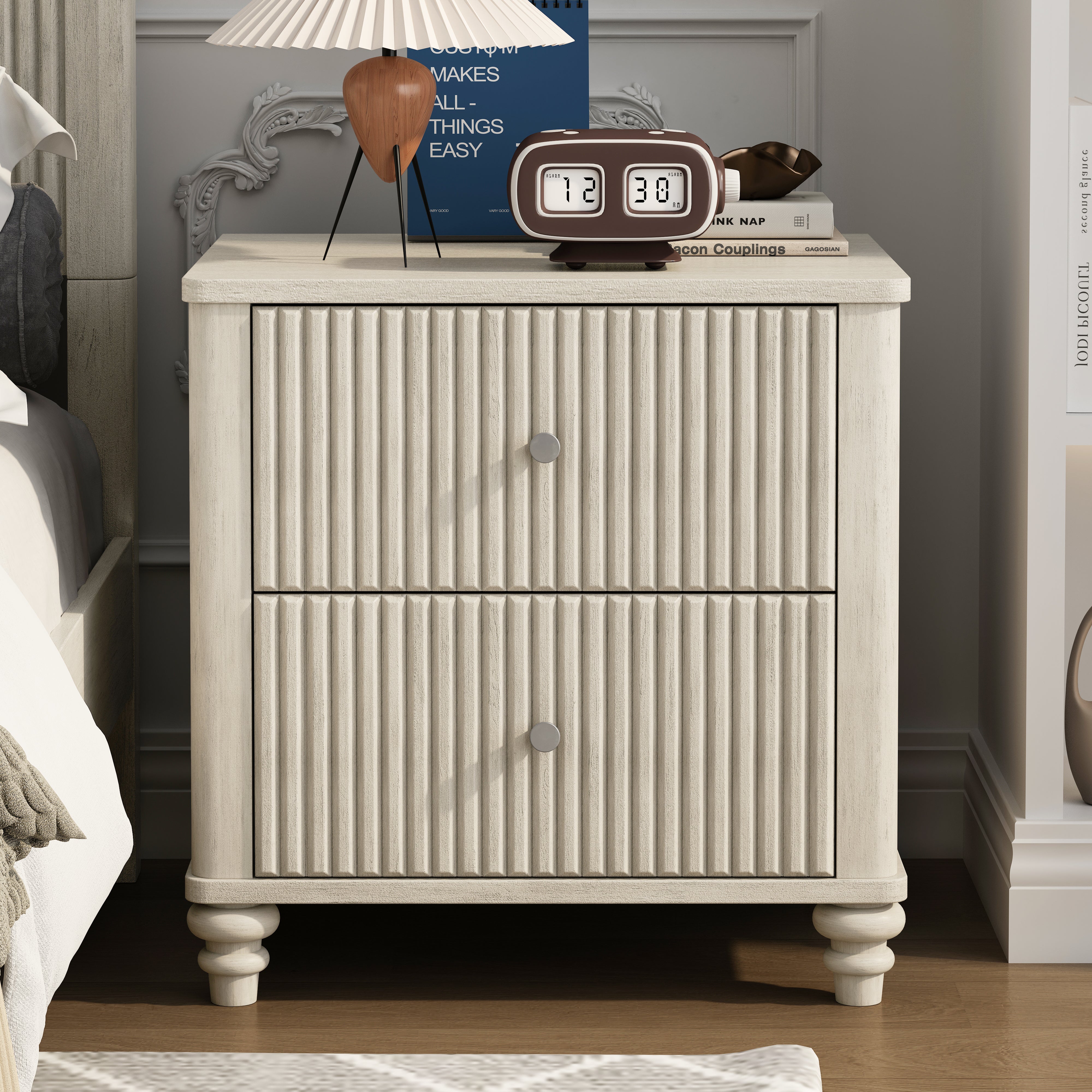 Fluted Nightstand with 3 Drawers