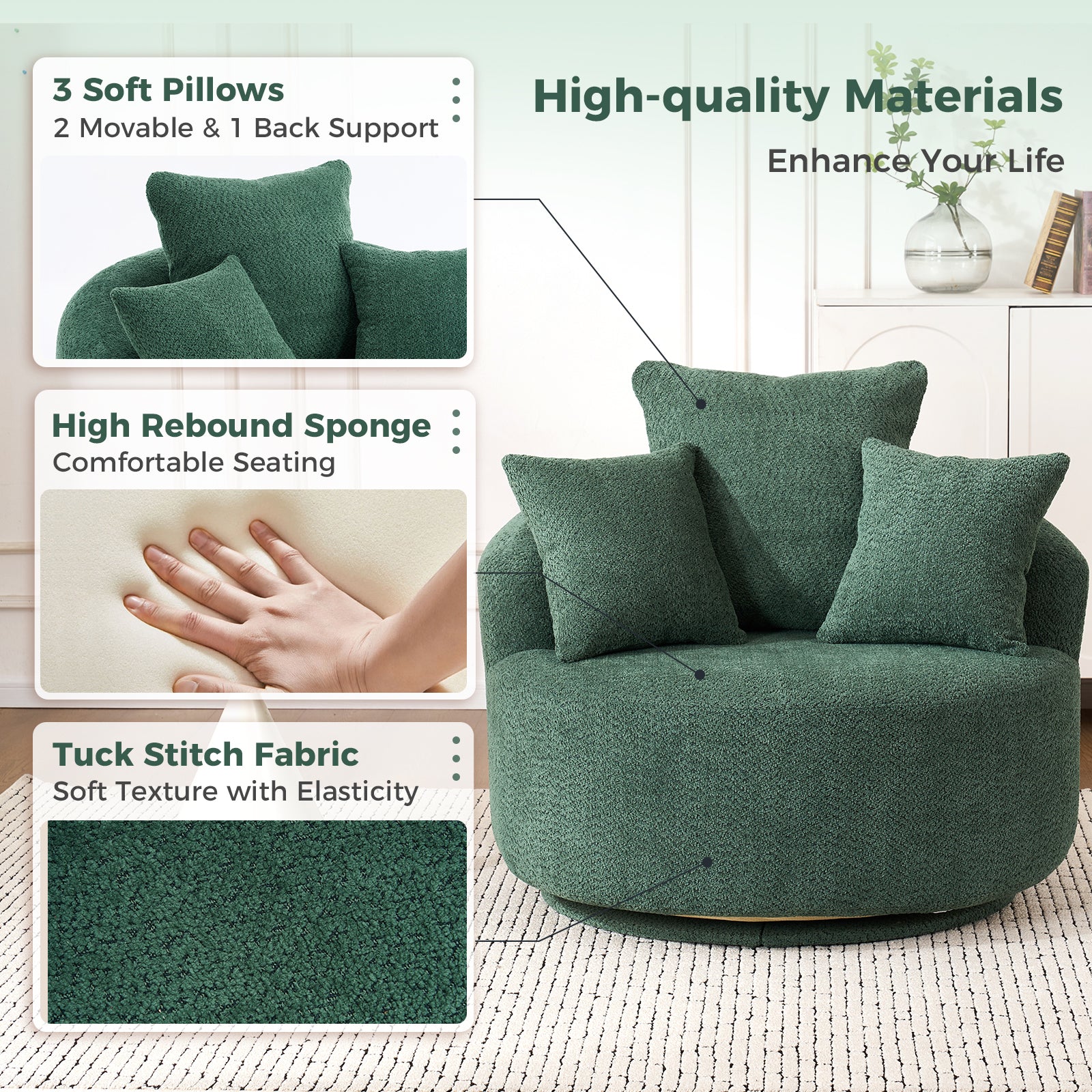 Round Armless Barrel Swivel Accent Chair with 3 Pillows