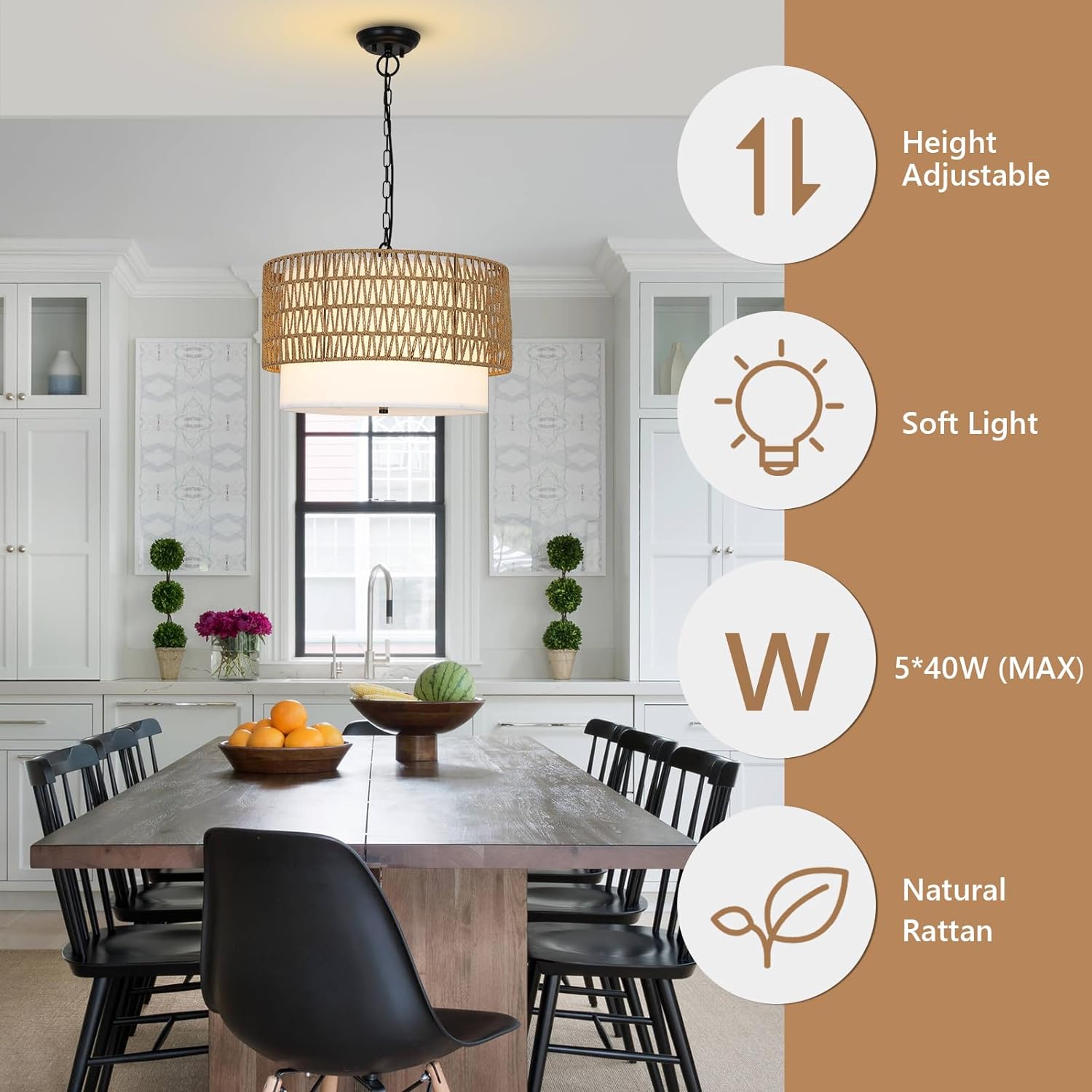 5-Light Rattan Chandelier with Fabric Shade and Adjustable Height