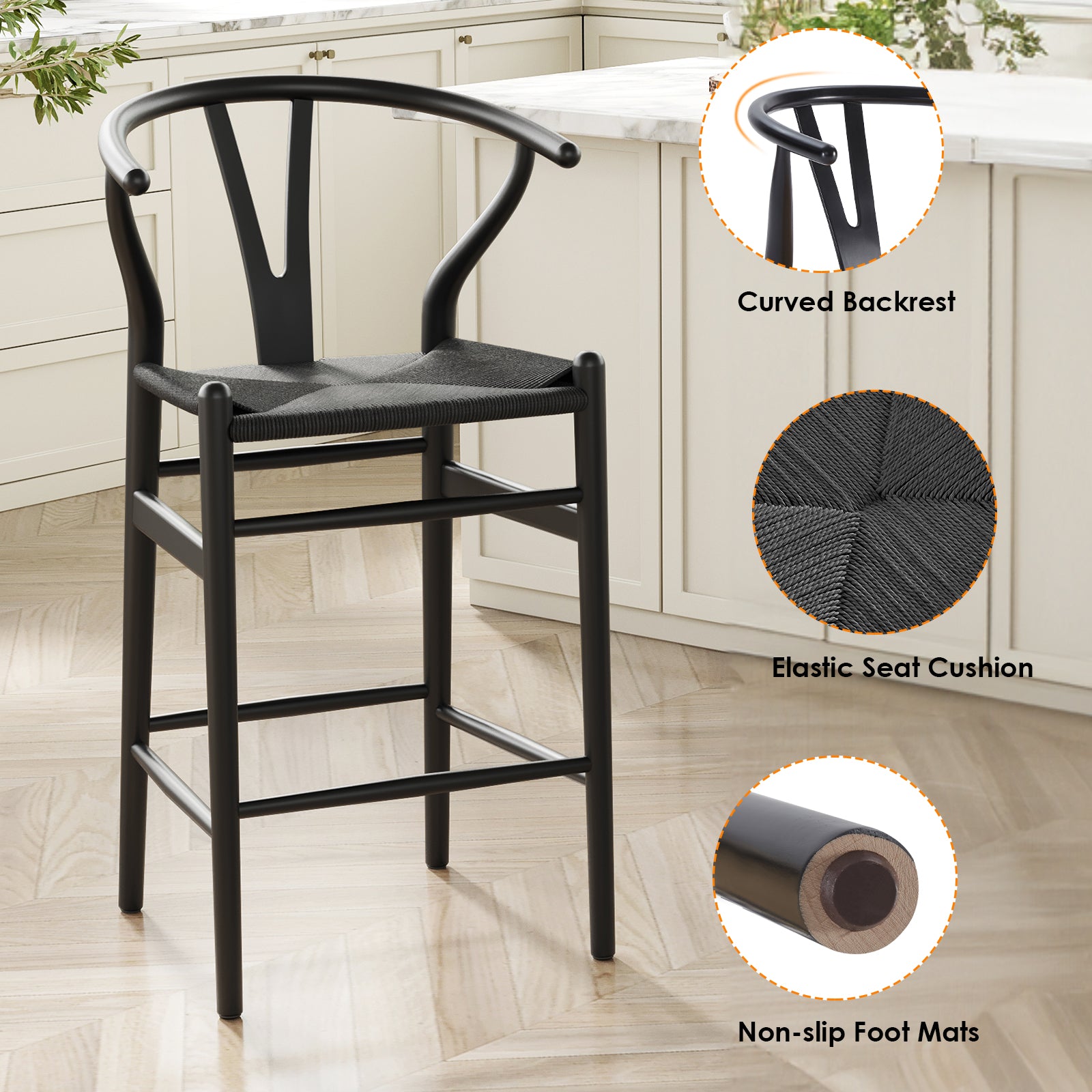 Wishbone Counter Height Barstool with Woven Seat