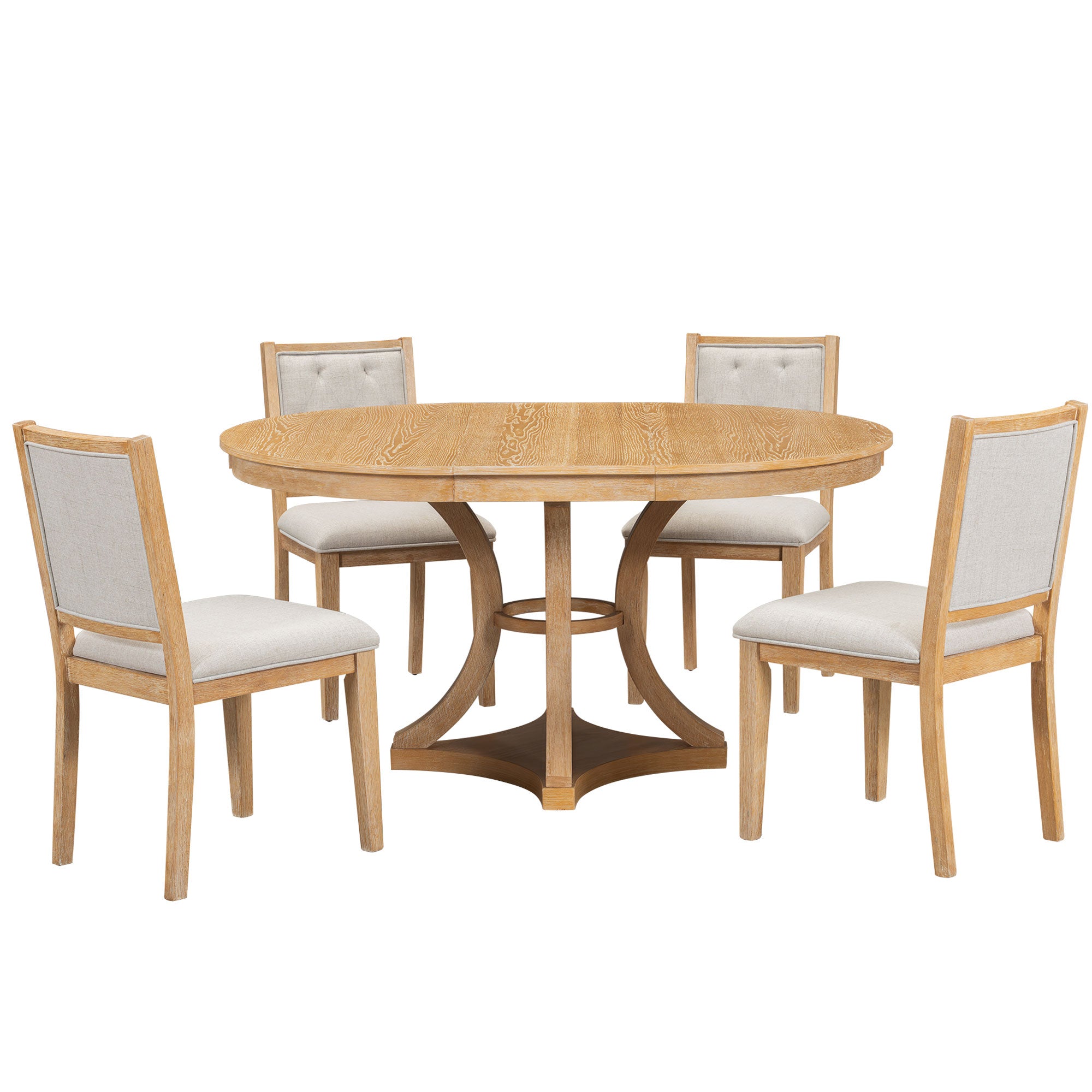 Retro Round Dining Table Set with Extendable Round Table and 4 Upholstered Chairs