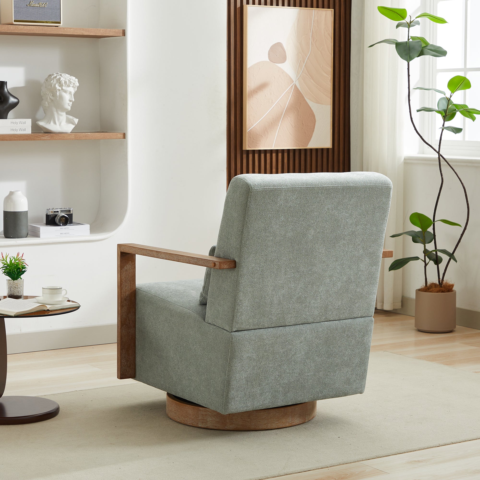 Swivel Modern Upholstered Accent Chair with Solid Wood Armrests