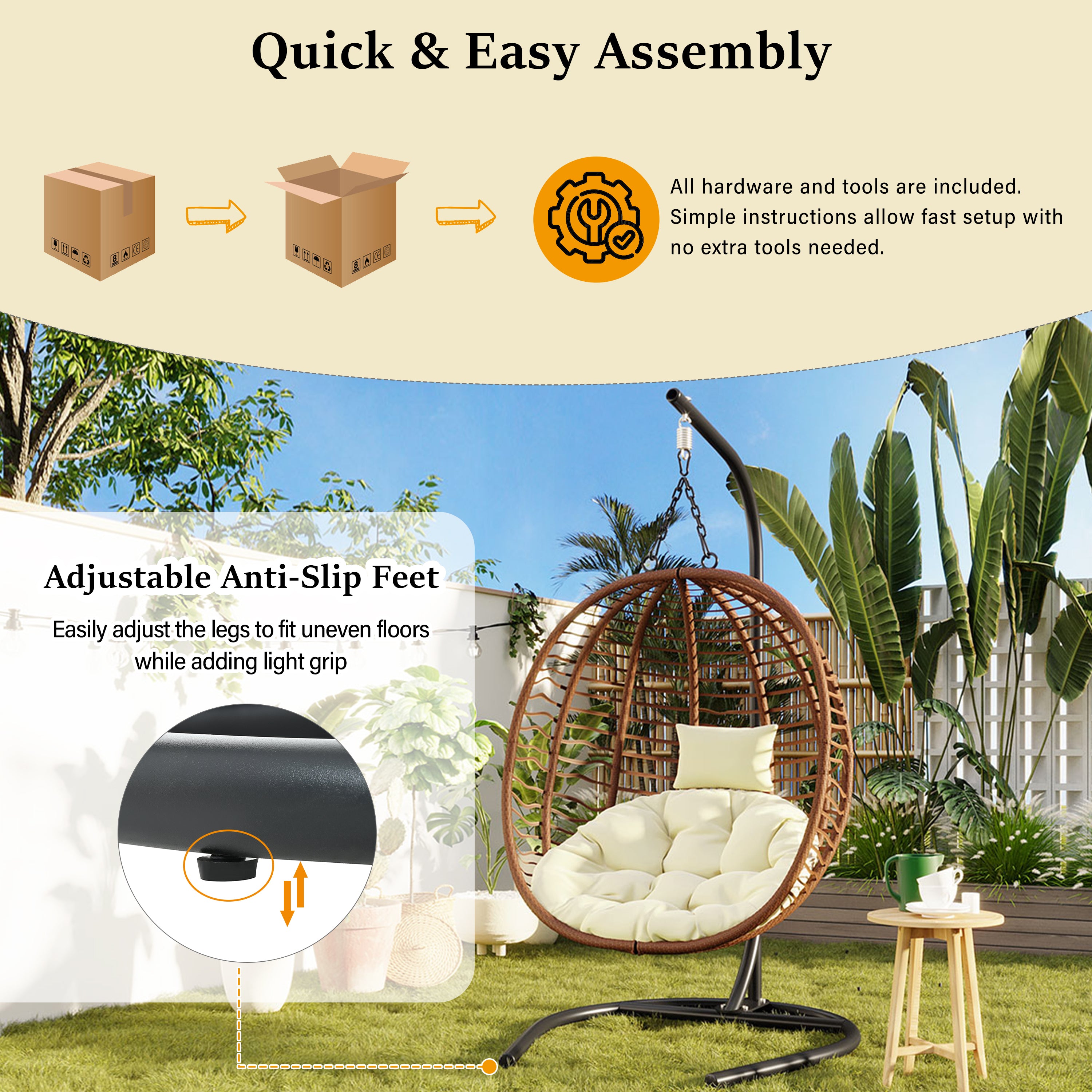 Folding Hanging Swinging Egg Chair with Stand & Tufted Cushion