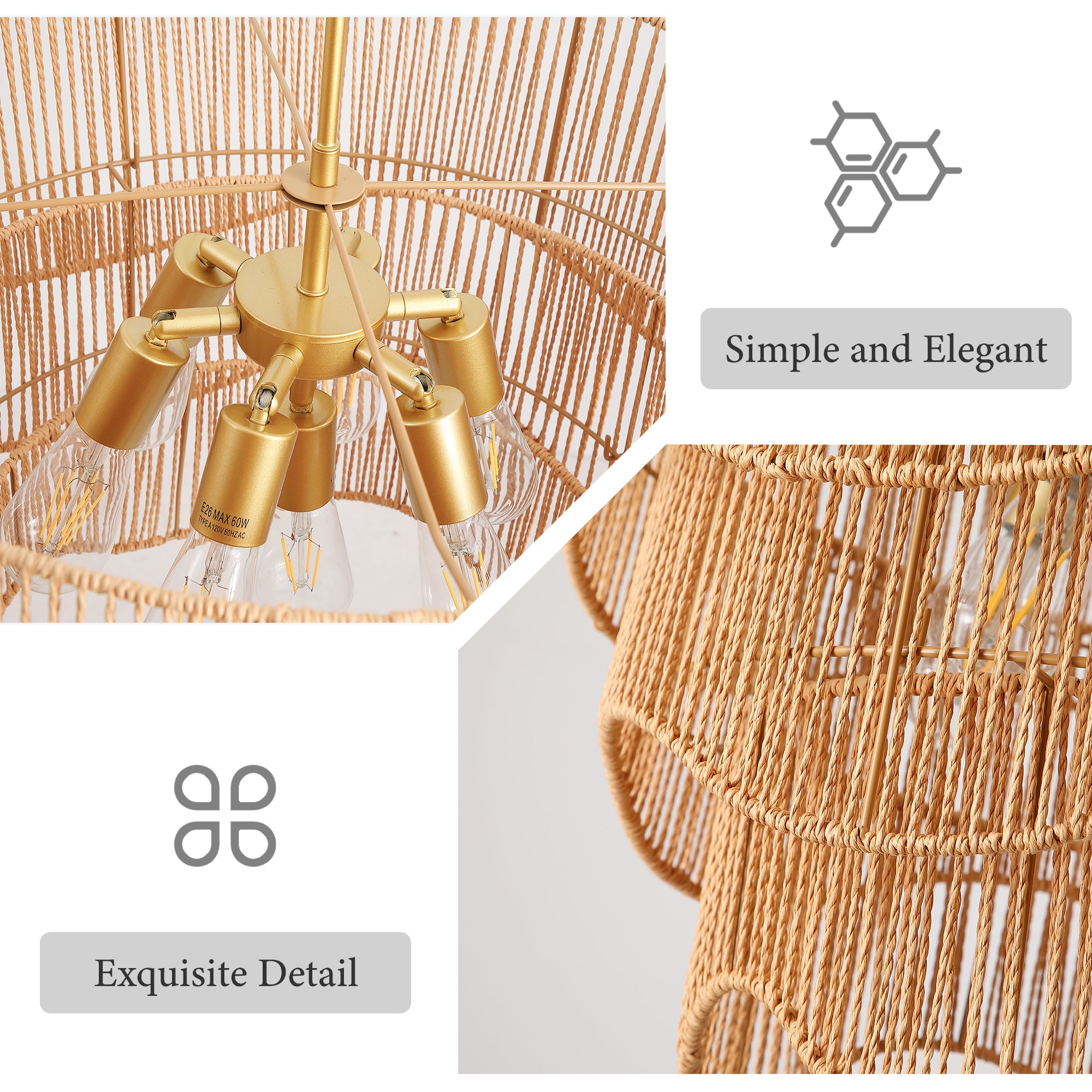 Handwoven Rattan Boho Wave Pendant Chandelier with 7-Lights