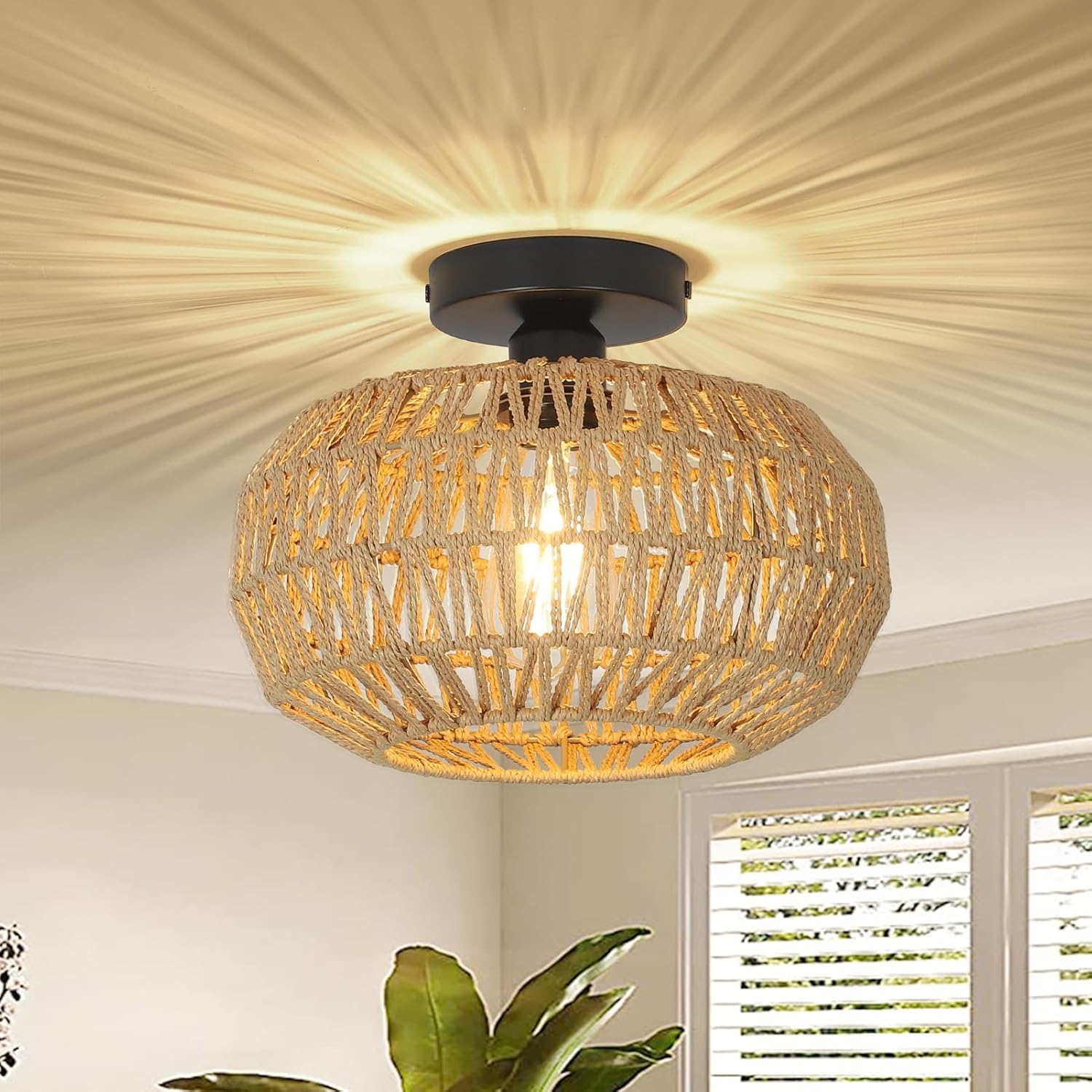 Ceiling Light Fixture with Dimmable LED and Hand-Woven Paper Rattan Cage