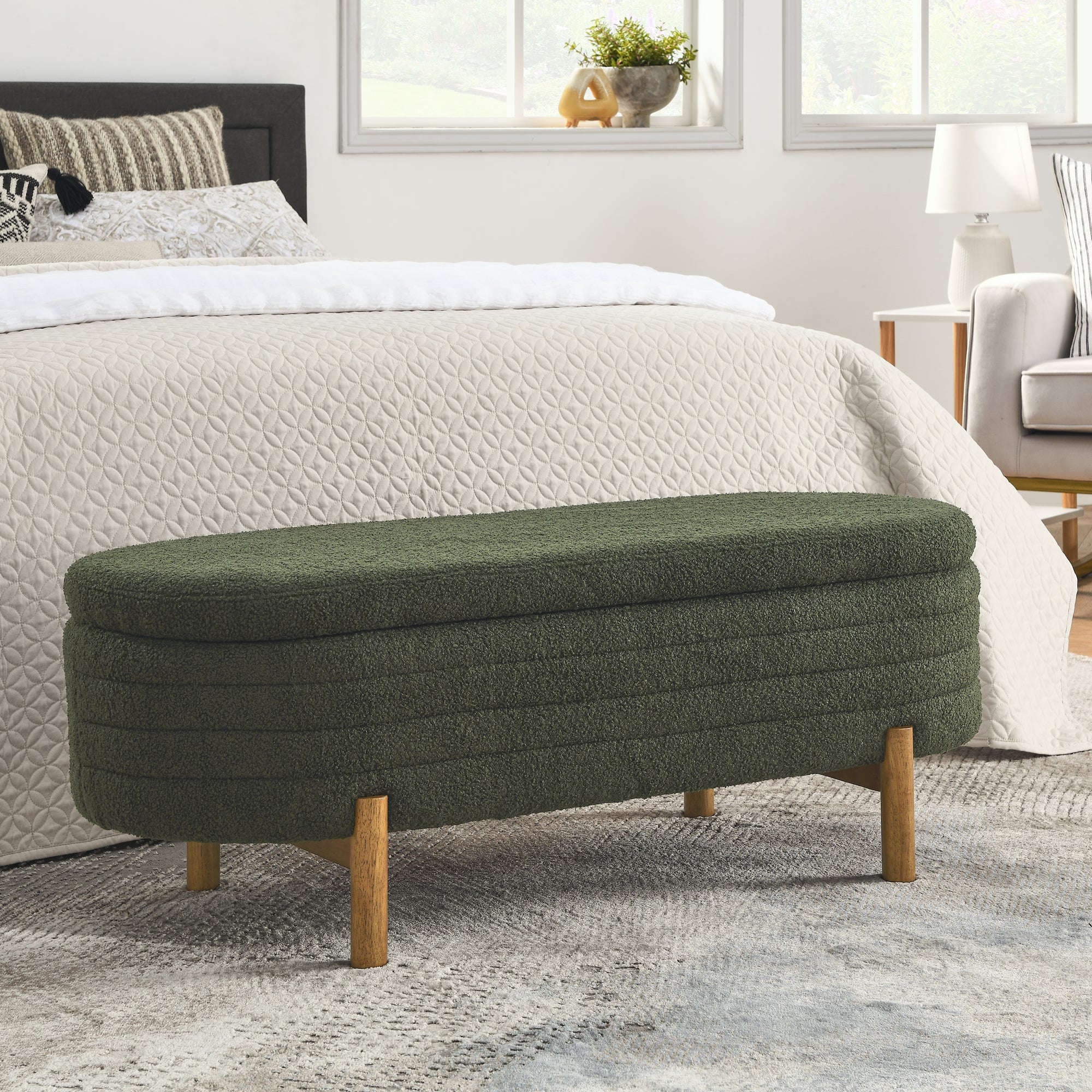 Upholstered Oval Storage Bench with Rubber Wood Legs