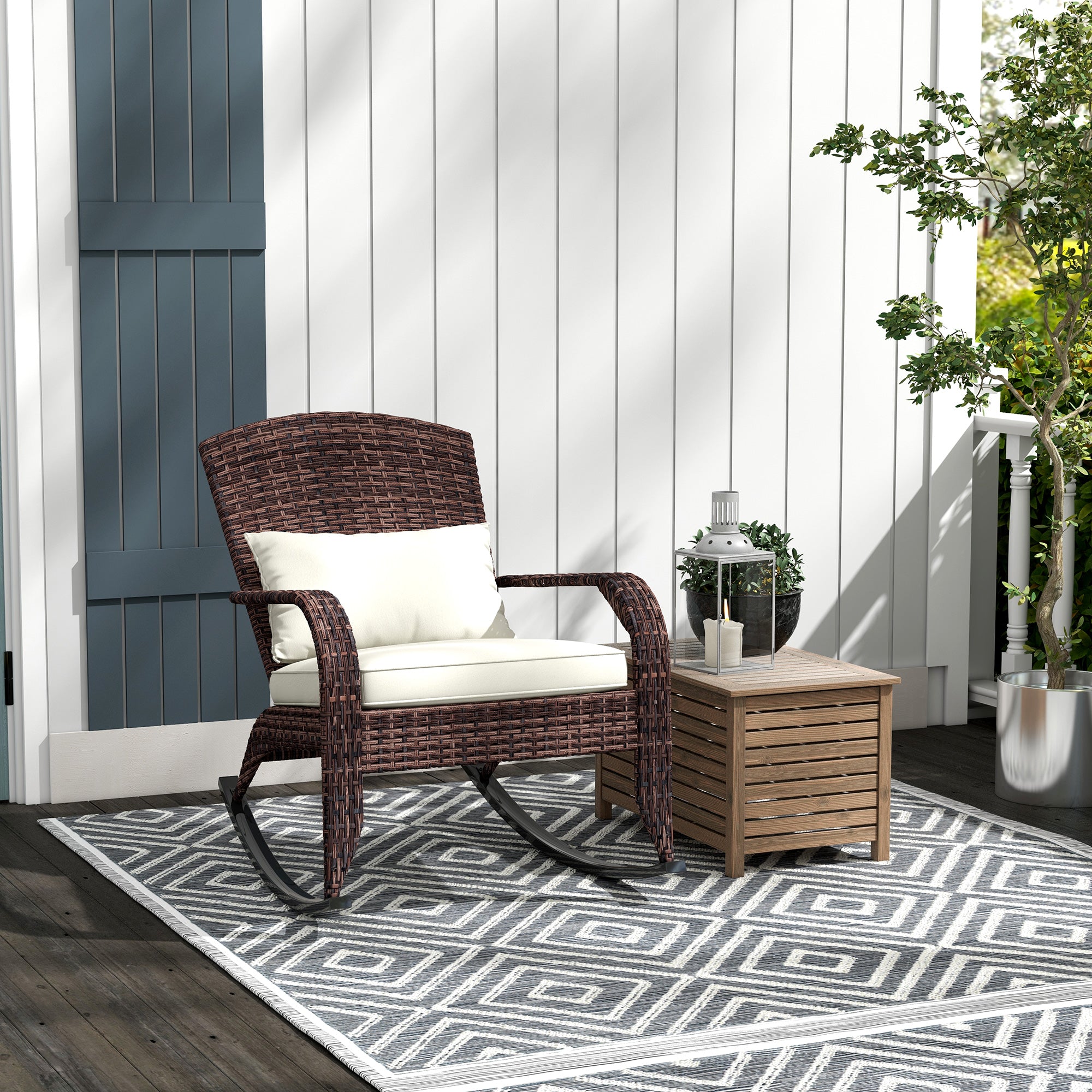 Outdoor Wicker Adirondack Rocking Chair with High Back & Seat Cushion