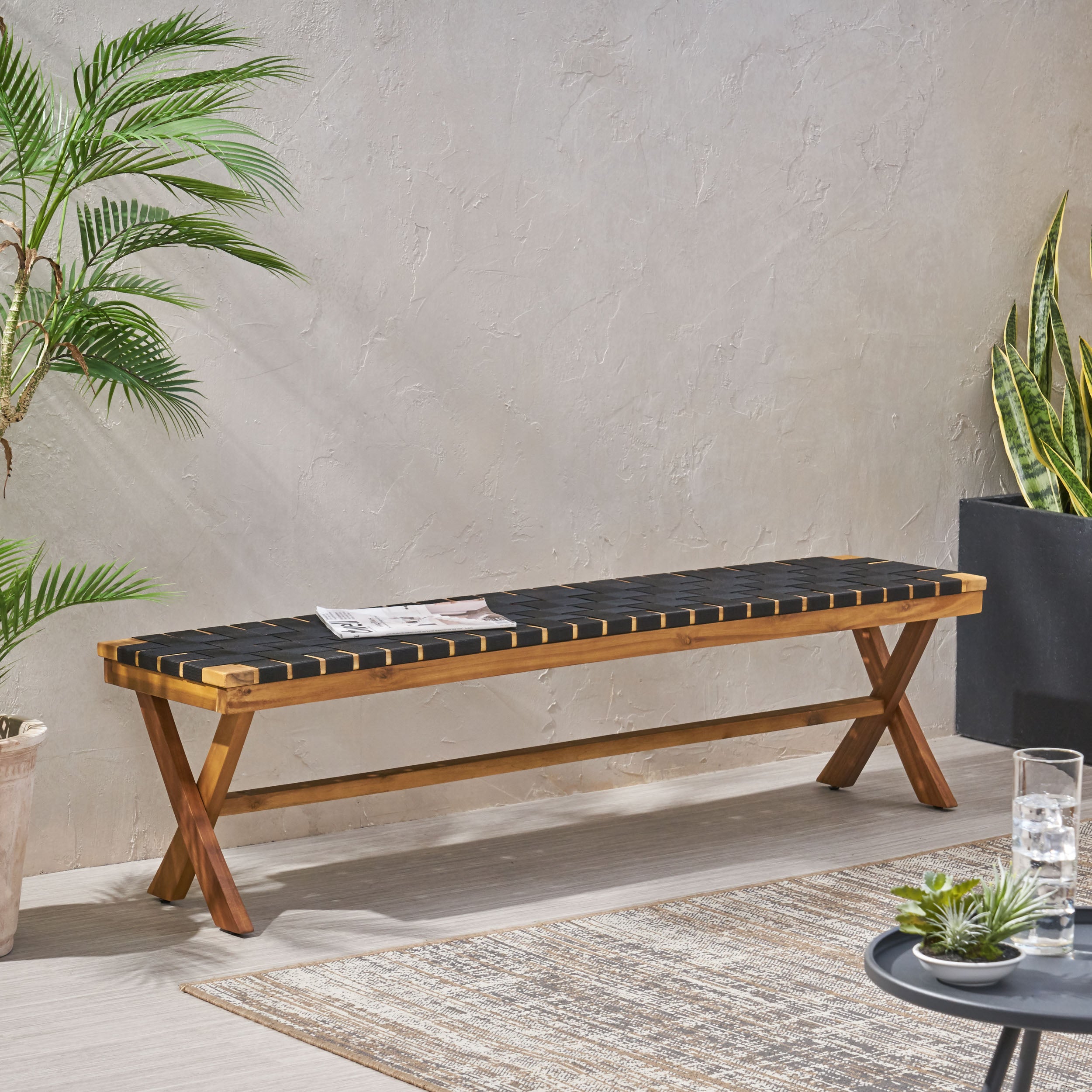 Outdoor Bench with Rope Weave Seat and X-Cross Base