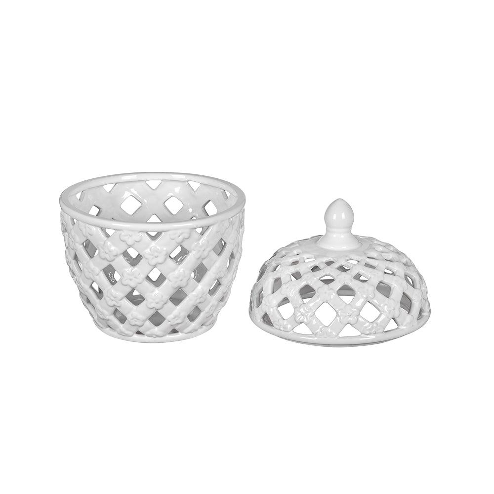 Brackets Ceramic Lidded Jar with Lattice Design and Tiny Flower Pattern
