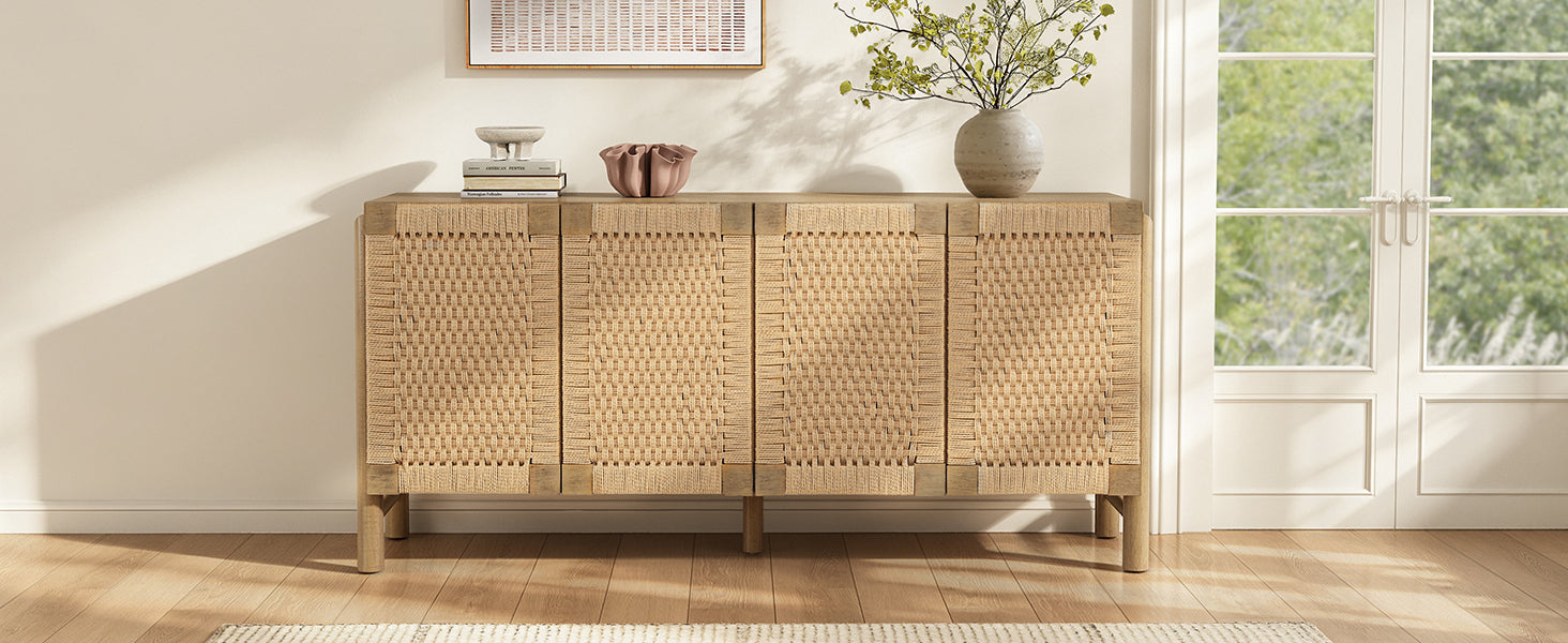 Natural Farmhouse Cabinet with Handwoven Paper Rope Doors, Solid Wood Legs and Natural Finish, for Hallway, Entryway or Living Room