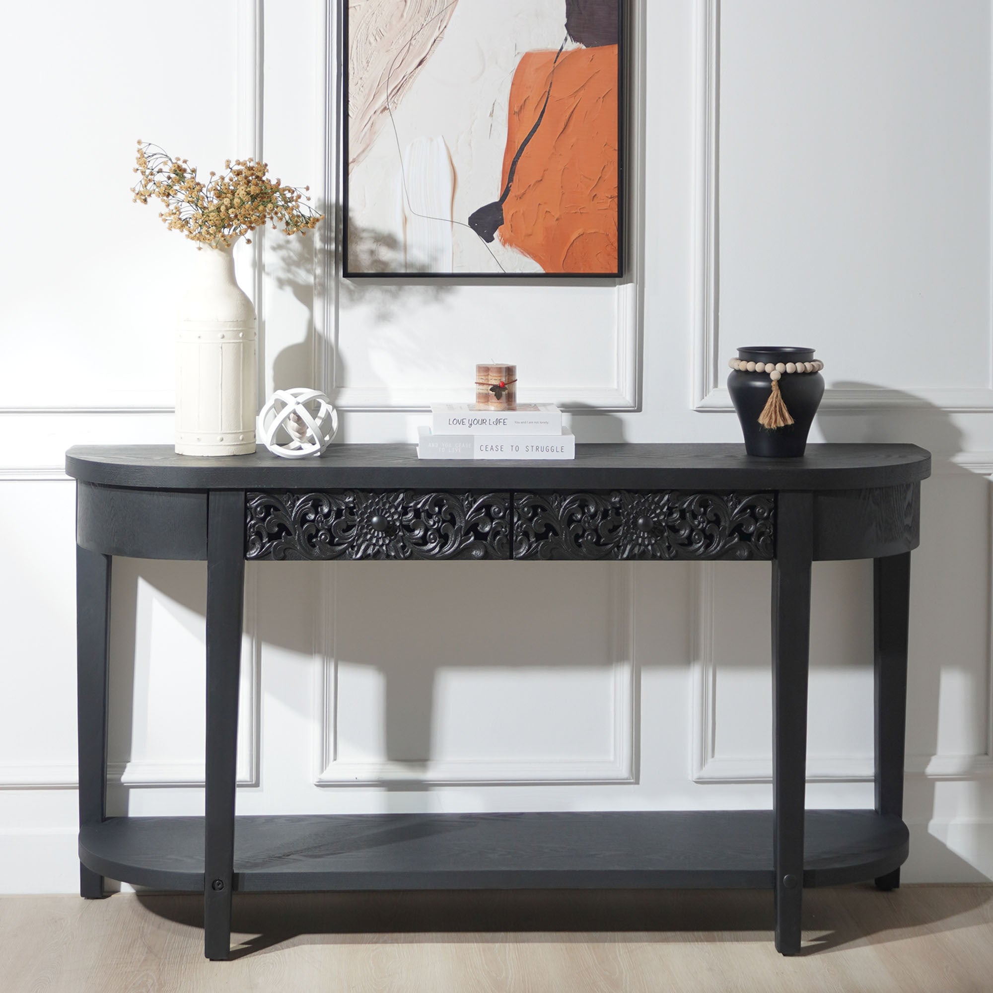 Jawaha Black Carved Wooden Console Table with Lower Storage Shelf