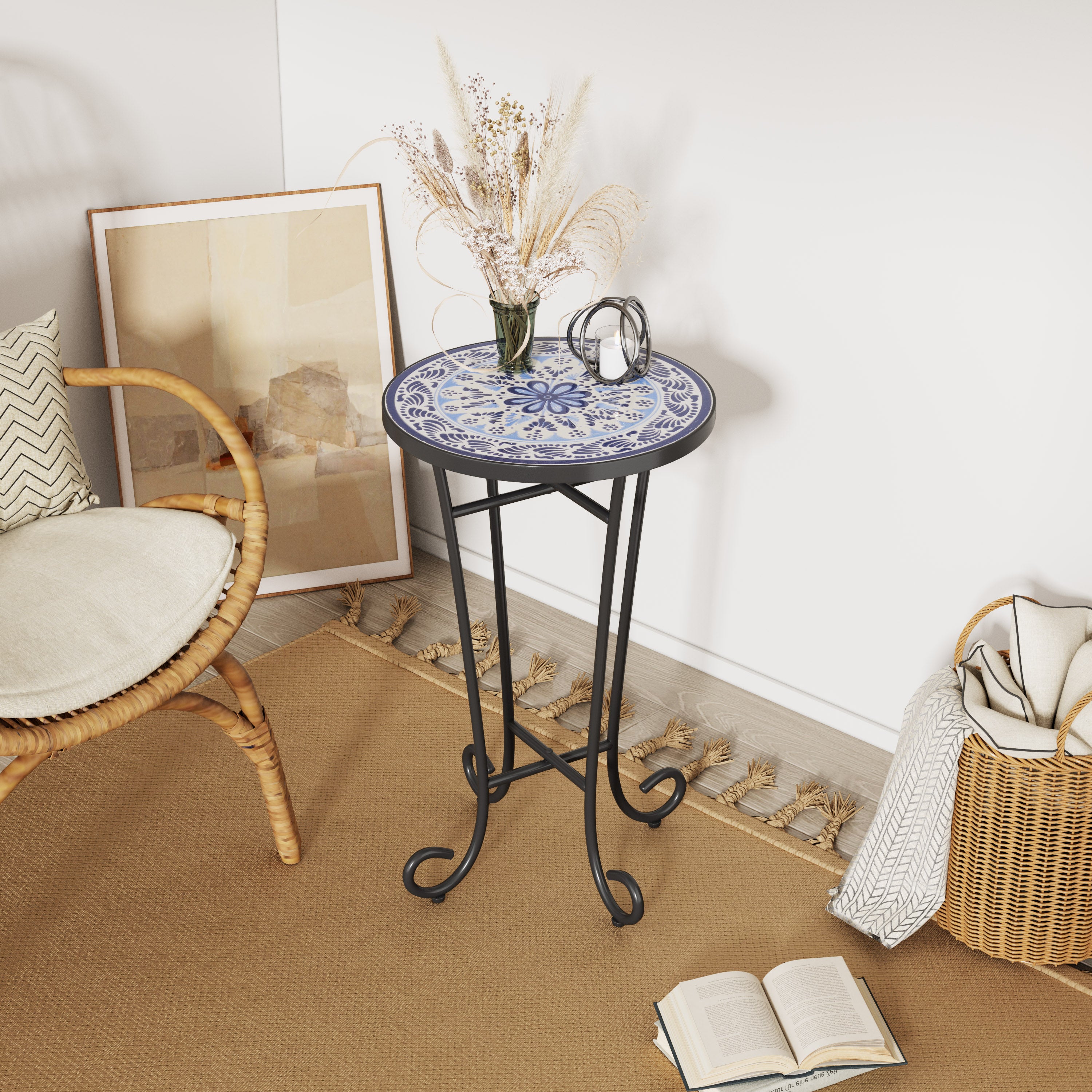 Warmthly Outdoor Round Side Table with Vibrant Tile Top and Elegant Scrolling Legs