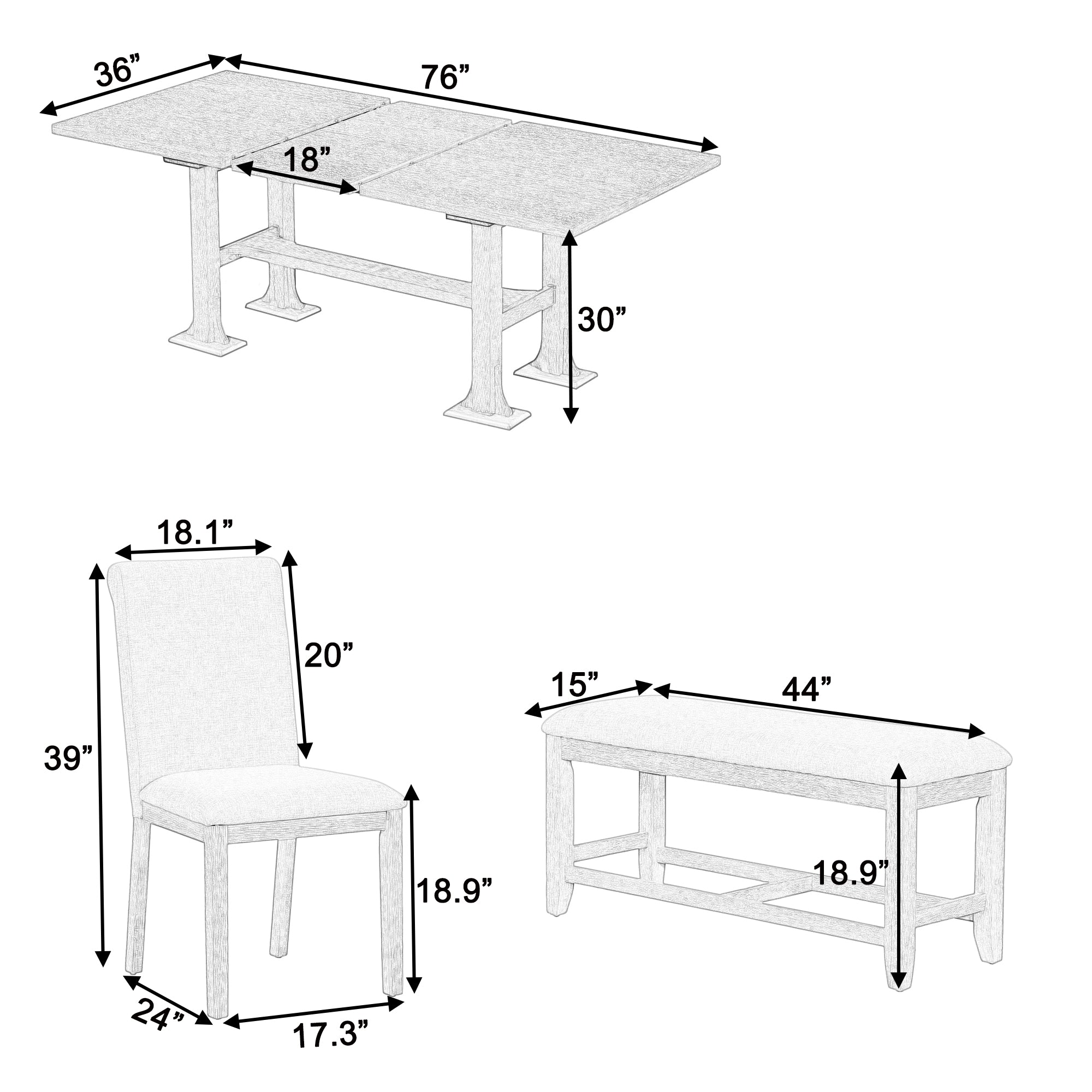 6-Piece Dining Set with Rectangular Extendable Table, Upholstered Dining Bench and 4 Chairs
