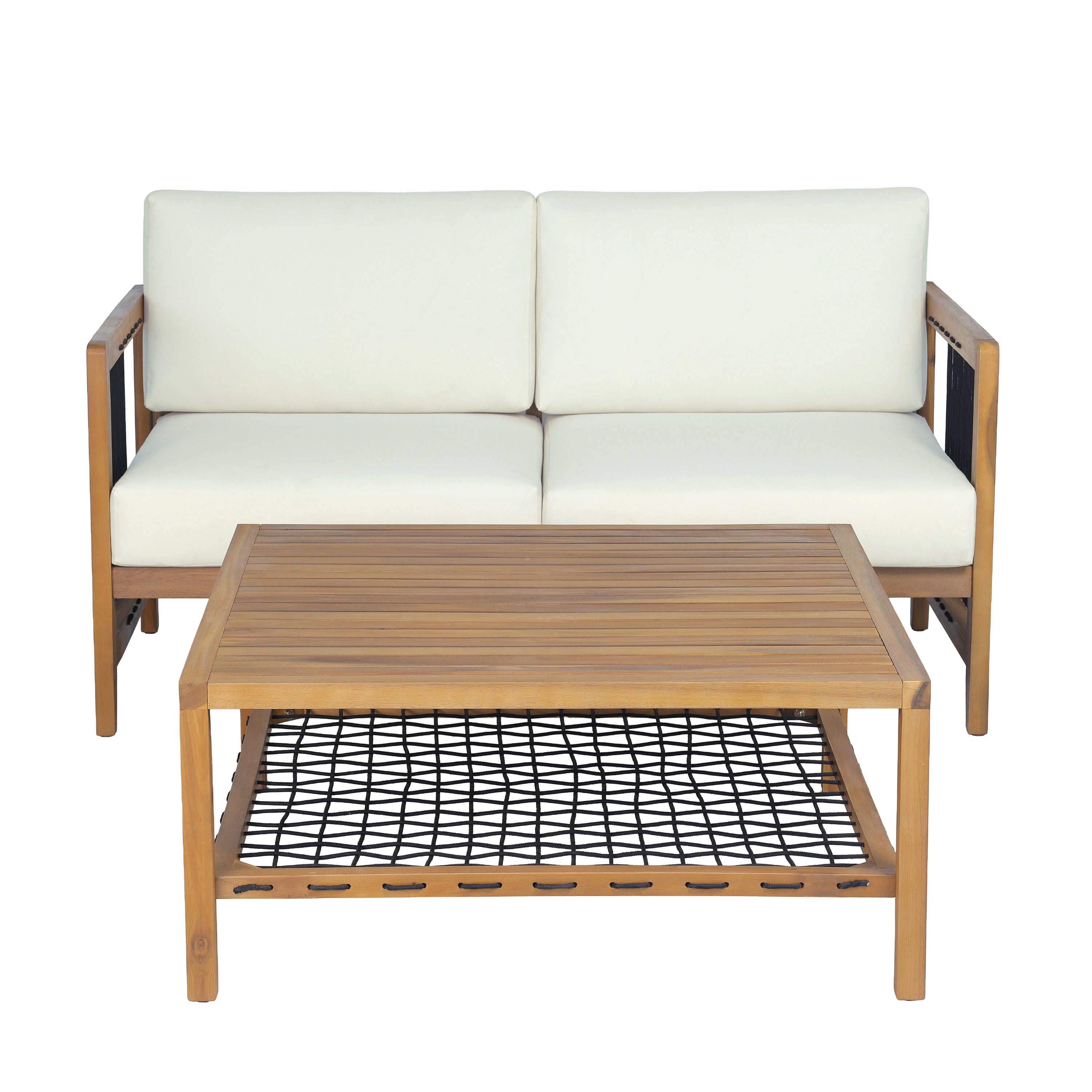Sierra 2-Piece Acacia Wood Outdoor Loveseat with Coffee Table with Handwoven Rope & Cushions