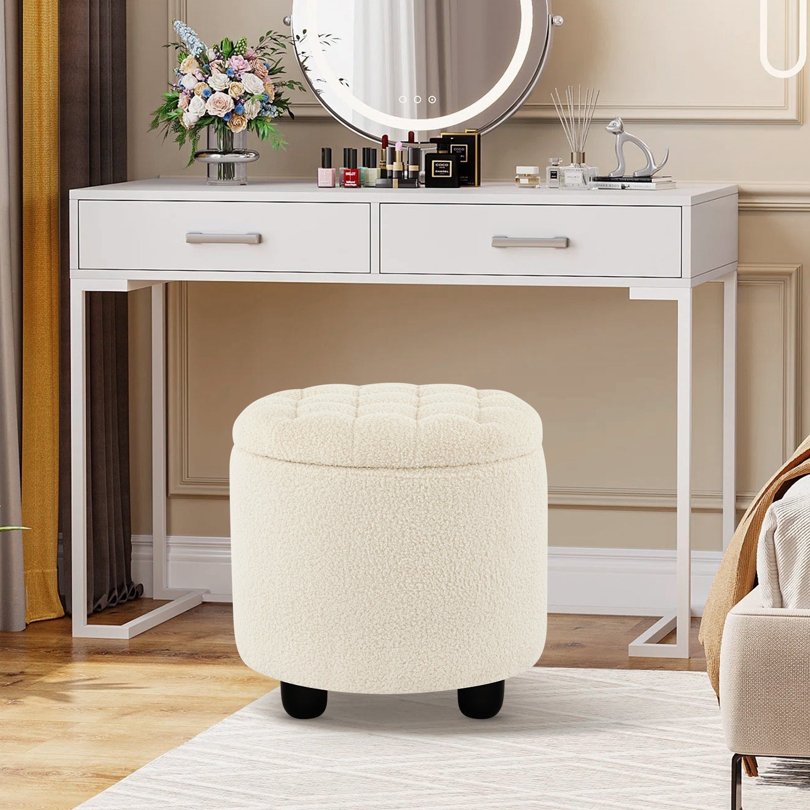 Small Upholstered Circle Pouf Footstool with Removable Lid Storage