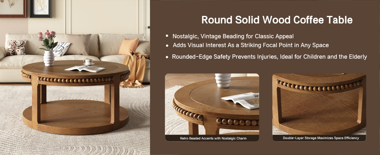 Round Solid Wood Coffee Table with Beaded Accent Edge