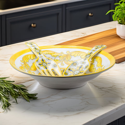 Barocco 16" Outdoor Salad Bowl & Salad Servers Set - Gold