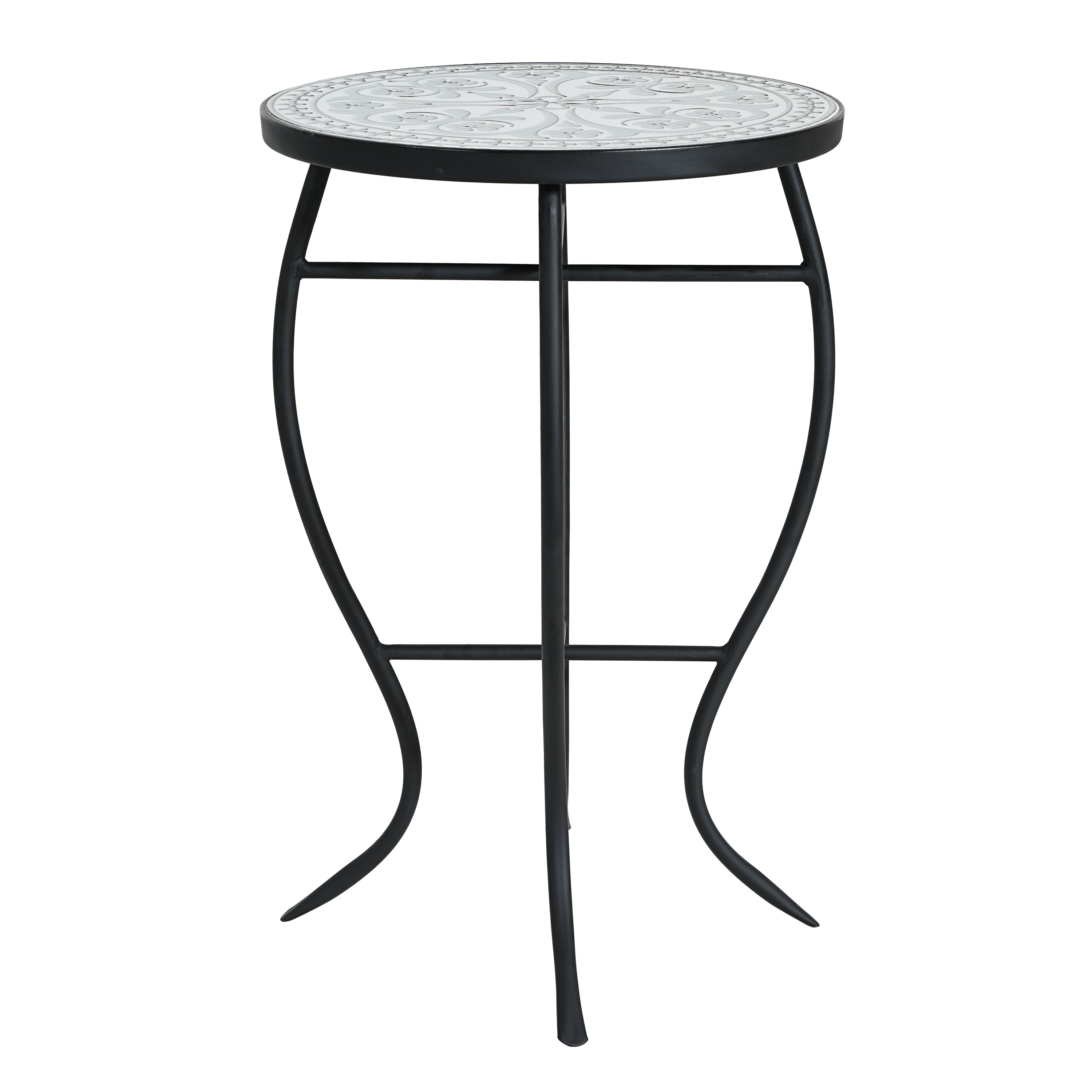 Outdoor Round Side Table with Mosaic-Style Top and Curved Iron Legs, Grey and Matte Black