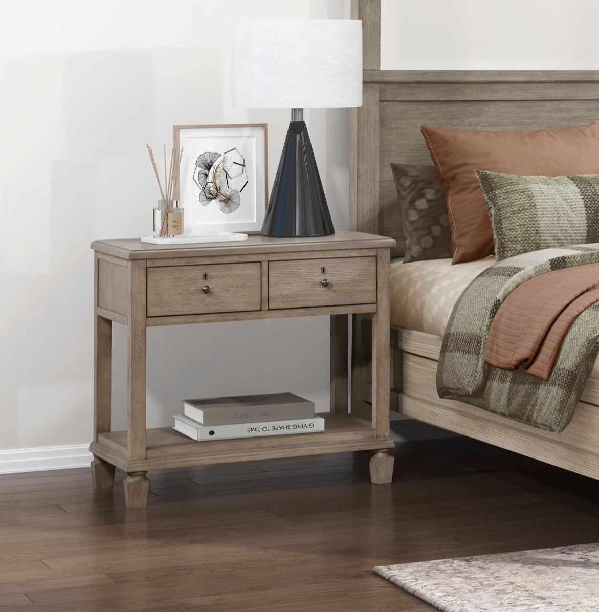 2-Drawer Nightstand with Open Bottom Shelf