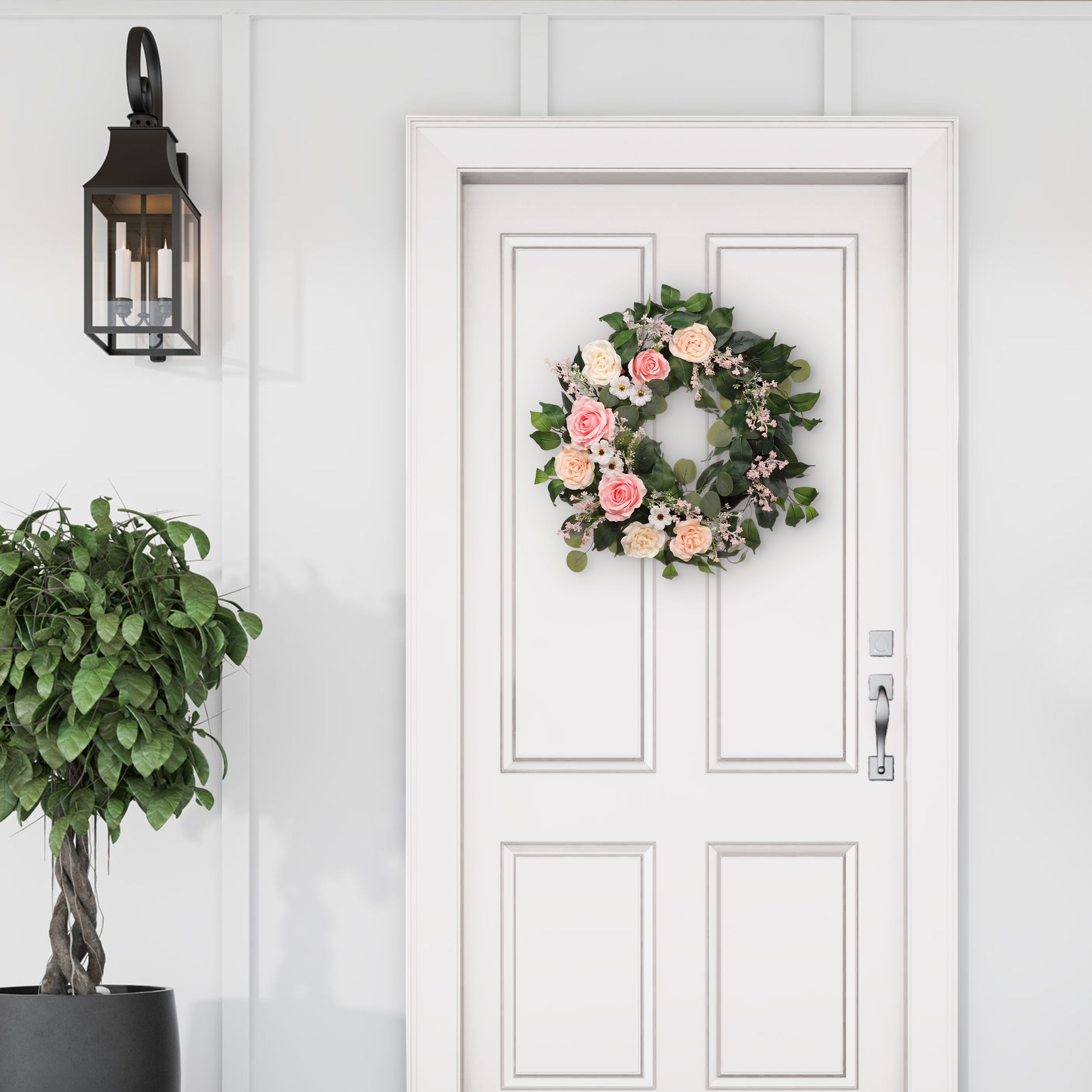24" Artificial Rose,Camellia,Babysbreath Floral Spring Wreath With Green Leaves