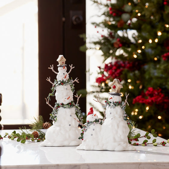 Terra-Cotta-Melted-Snowman-Family-with-Bird-and-Pine-Accents-(set-of-2)-White-Decor