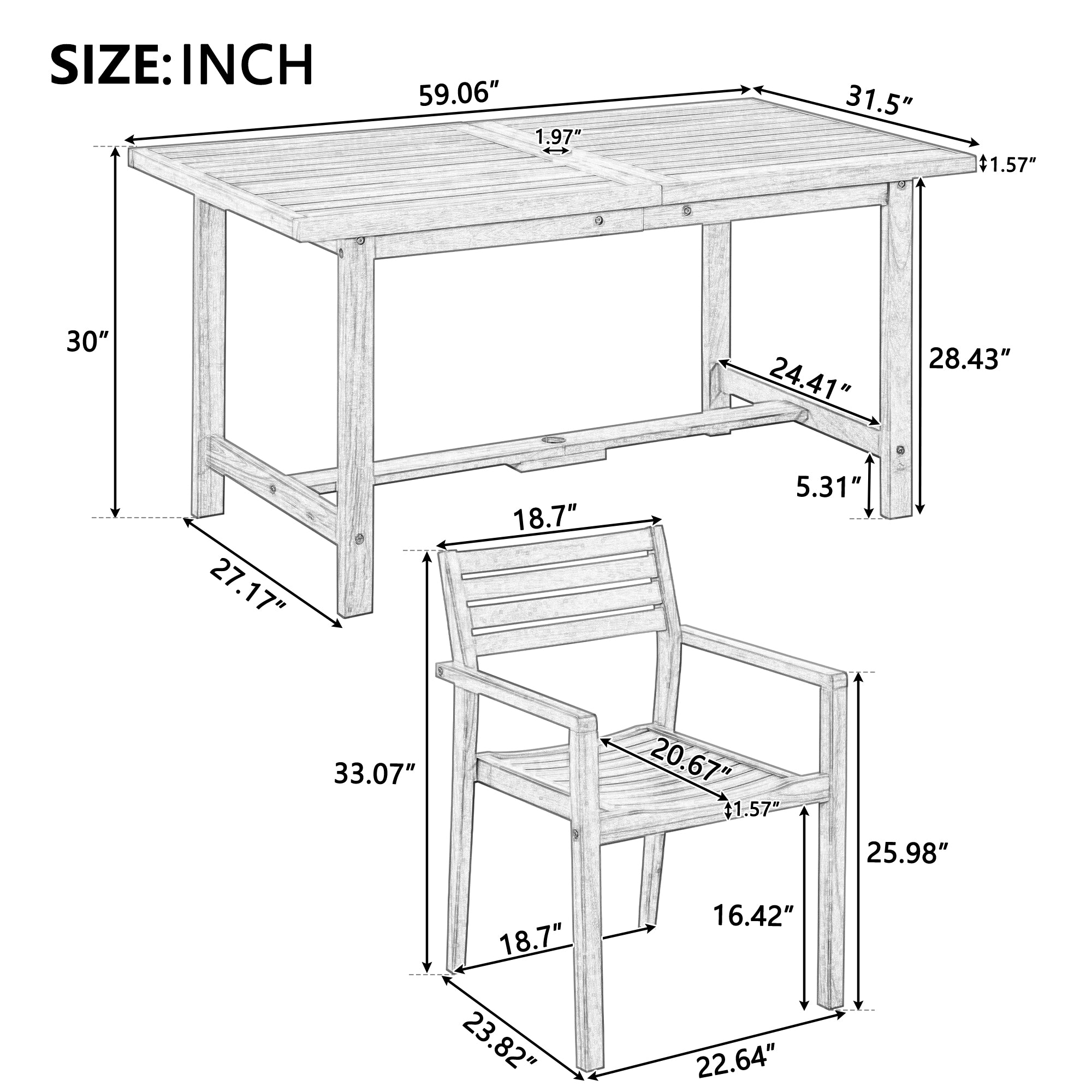 U_STYLE 5-Piece Outdoor Acacia Wood Outdoor Dining Set of 4,59.06-Inch Rectangular Table with Umbrella Hole,Suitable for Patio, Lawn, Garden, Poolside, & Indoor Use