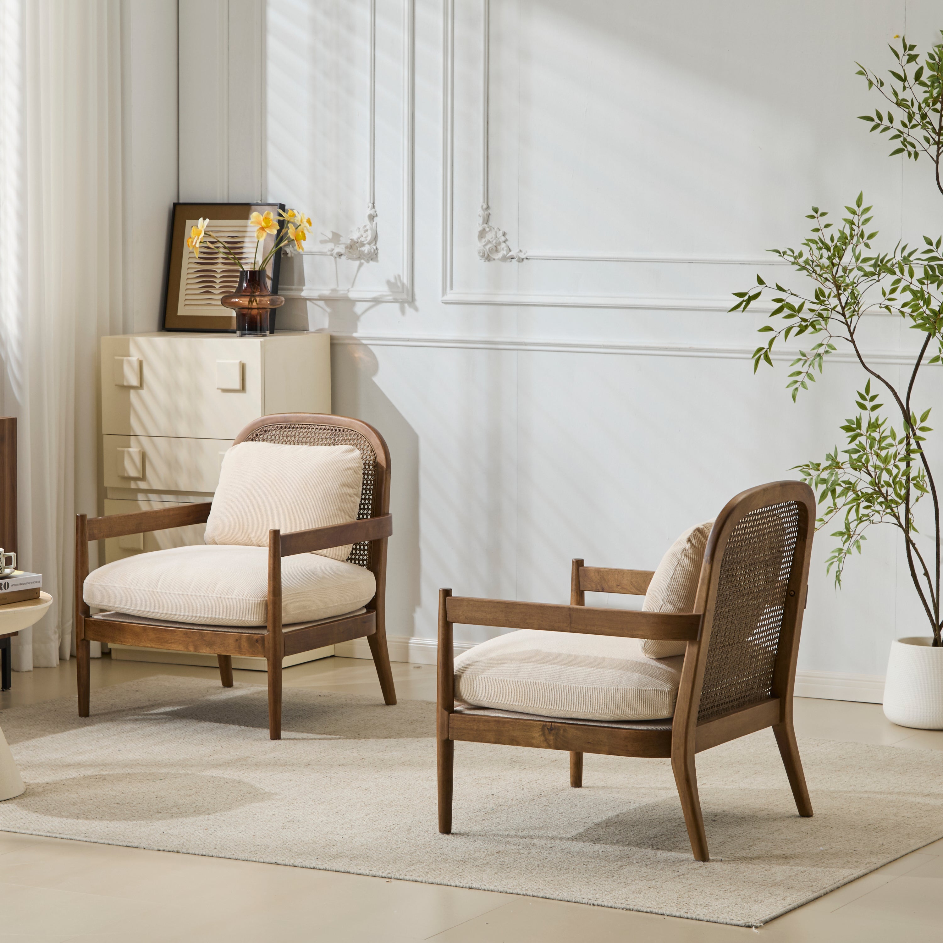 Elliston Solid Wood and Rattan Accent Chair with Cushions, Set of 2
