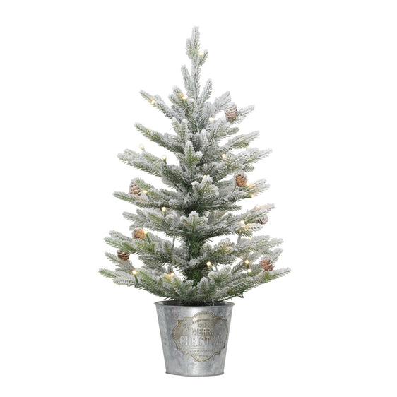 Pre-lit 2 ft Flocked Table Top Artificial Christmas Tree in Decorative Metal Pot