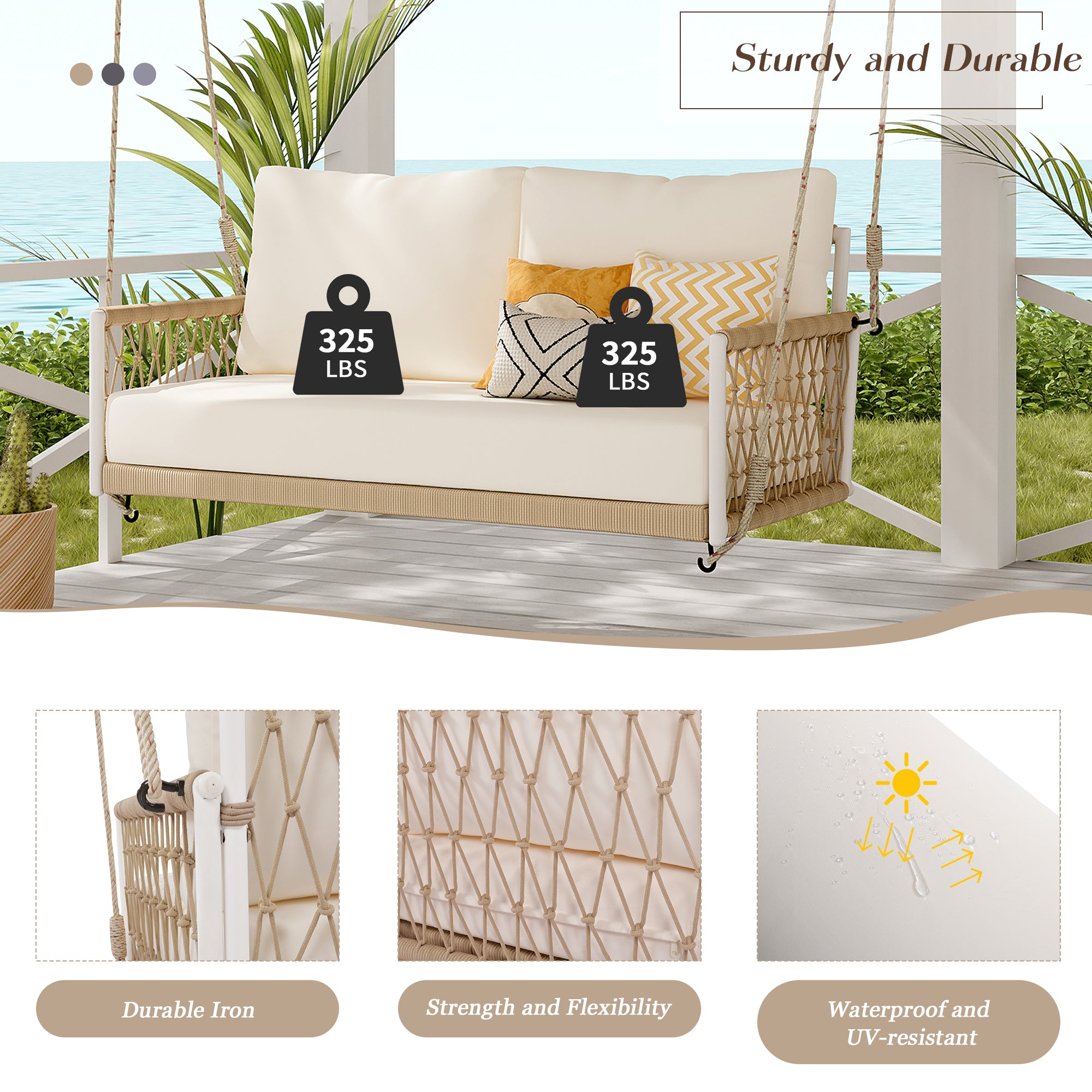 Outdoor Woven Rope Swing Sofa with Iron Frame and Soft Cushions