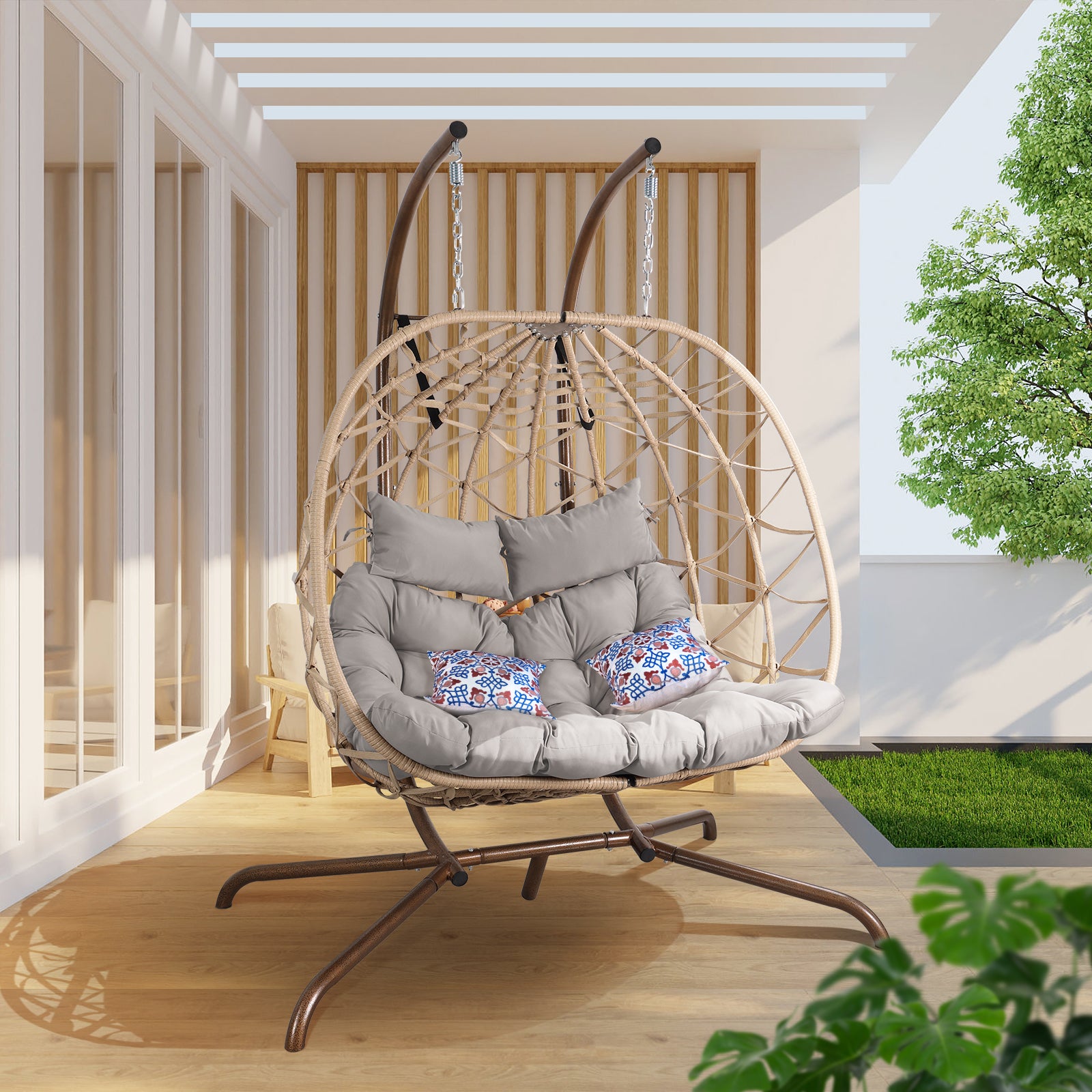 Shimmers Outdoor Rattan Egg Swing Chair with Stand, Thick Cushions and Pillow