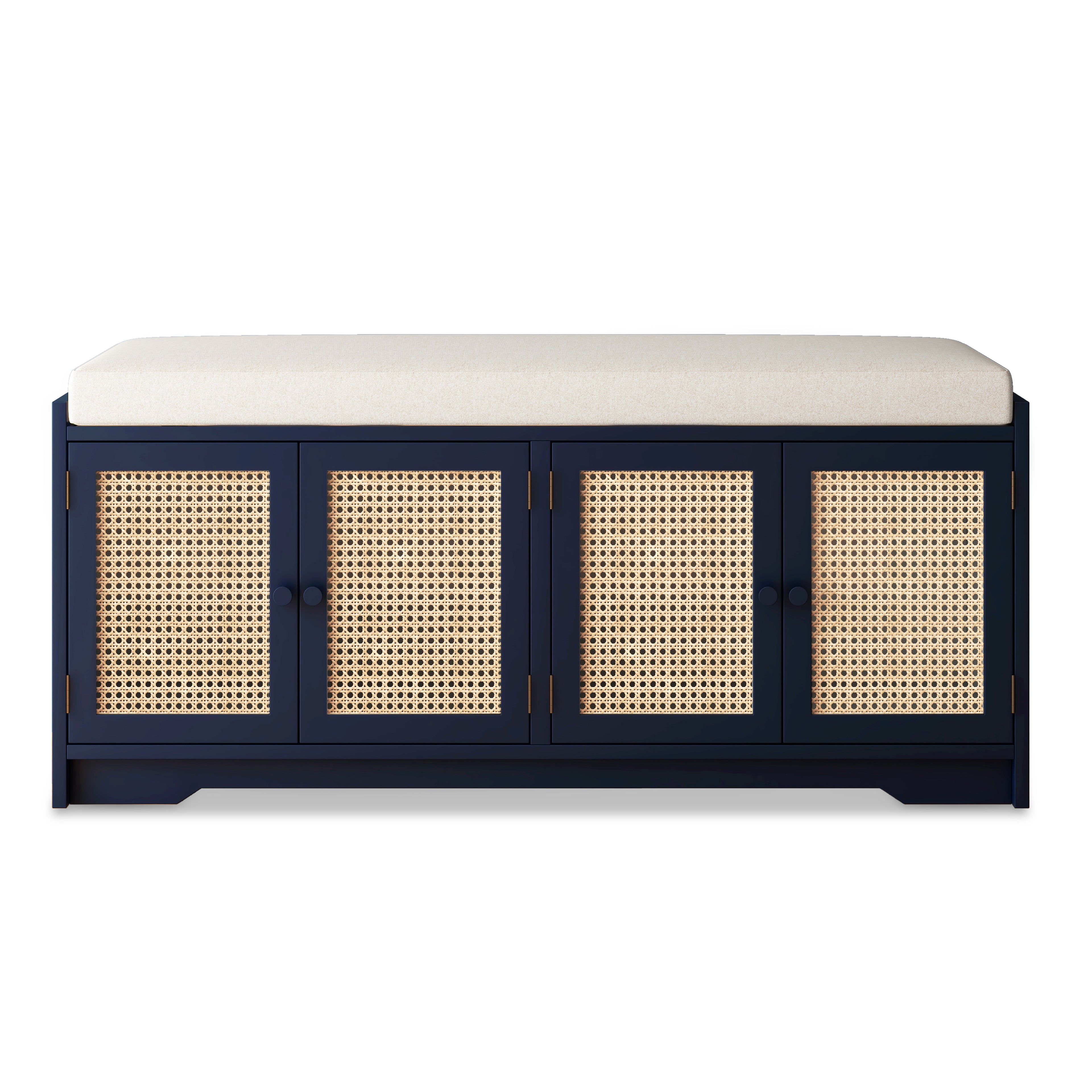 Upholstered Bench with Storage Cabinet and 4 Rattan Doors