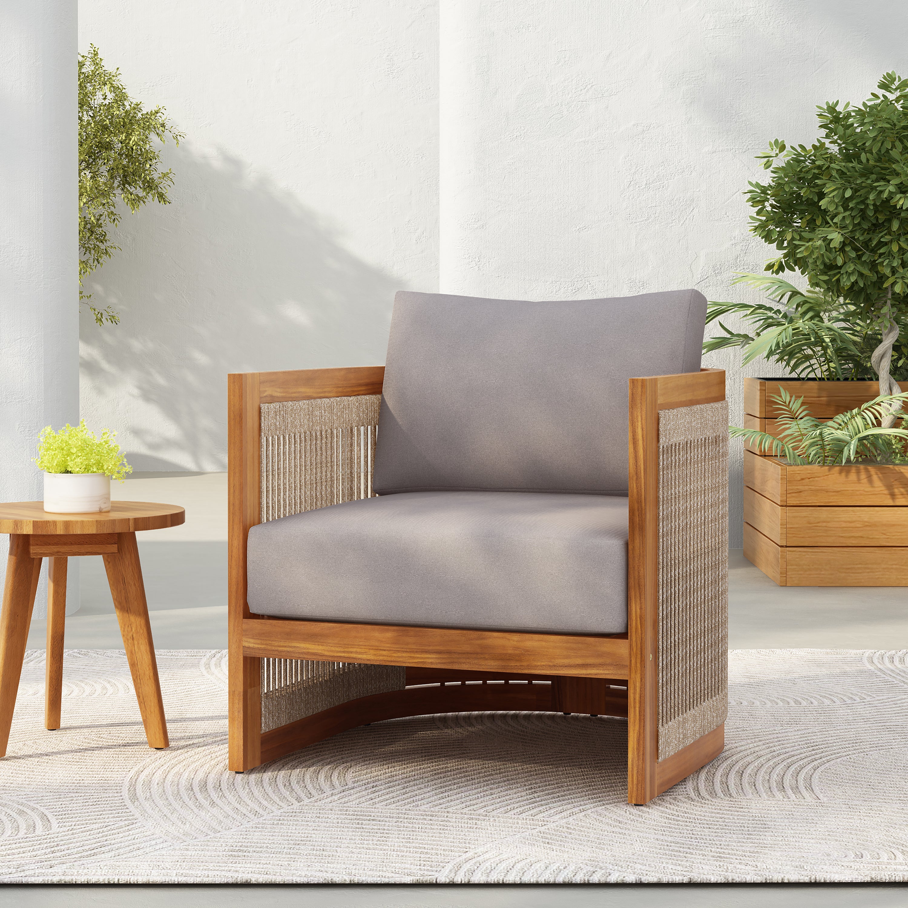 Sundara Acacia Wood Outdoor Club Chair with Handwoven Rope Accents