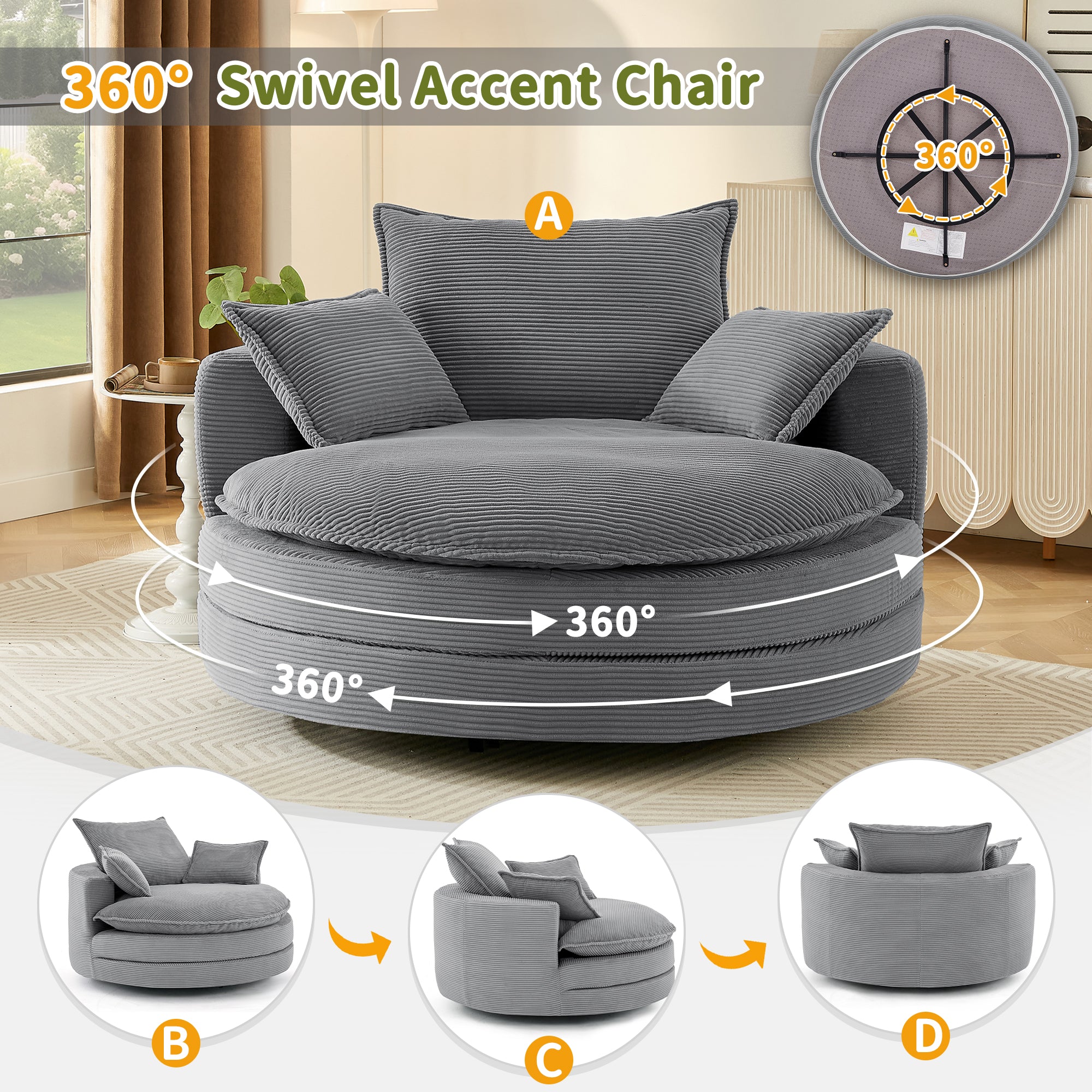 Corduroy 360° Swivel Accent Barrel Chair with 3 Removable Pillows