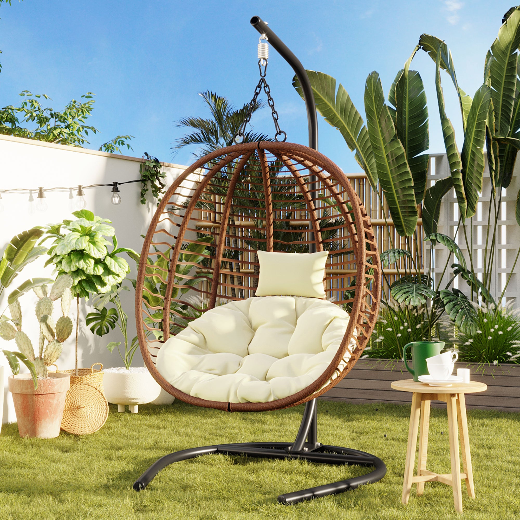 Folding Hanging Swinging Egg Chair with Stand & Tufted Cushion