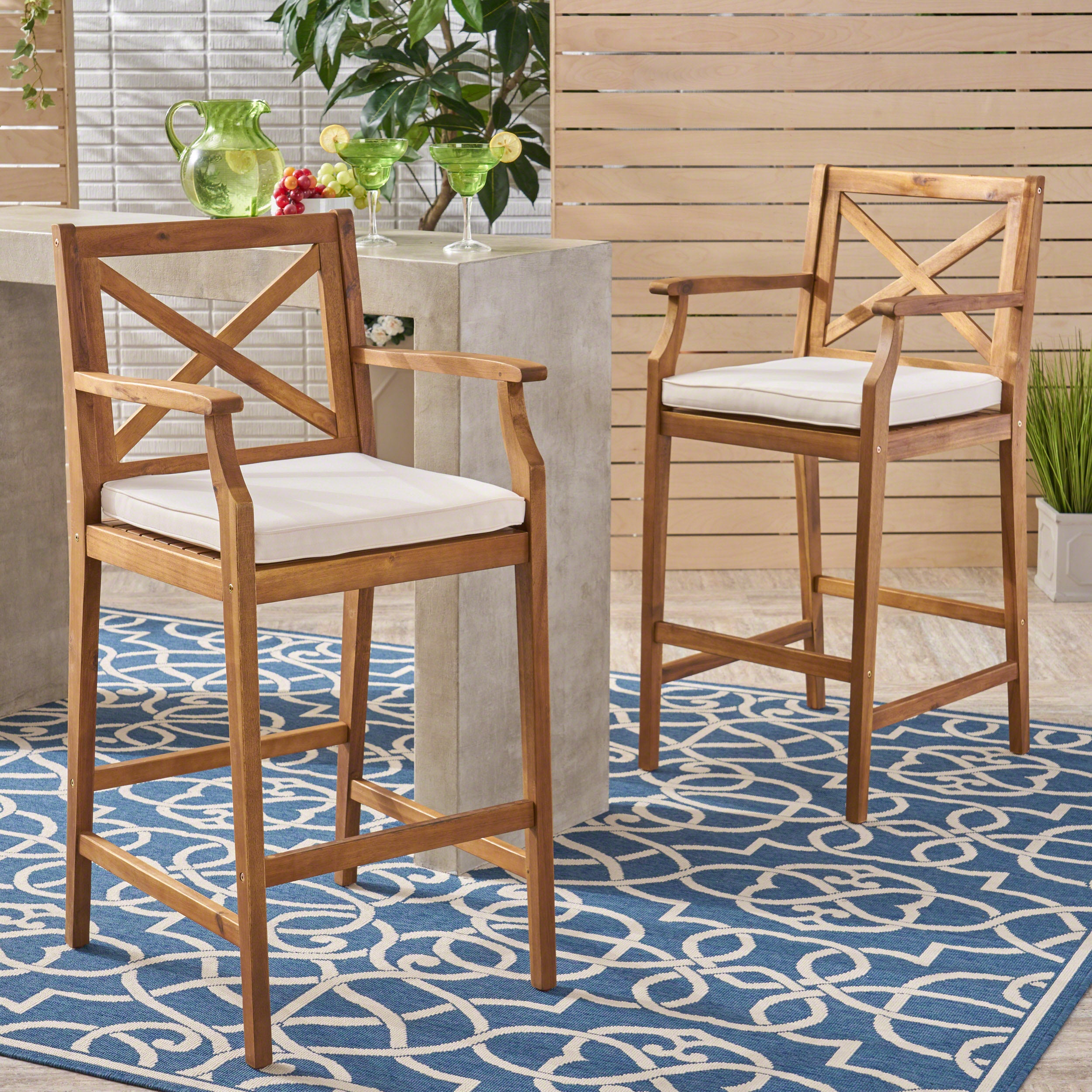 Perla Outdoor Acacia Wood Barstools, Set of 2