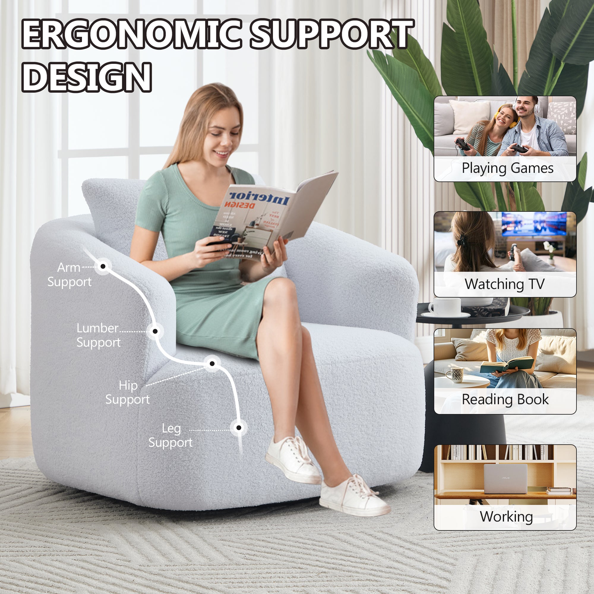 Teddy Fleece 360° Swivel Round Upholstered Comfy Accent Chair With Pillow